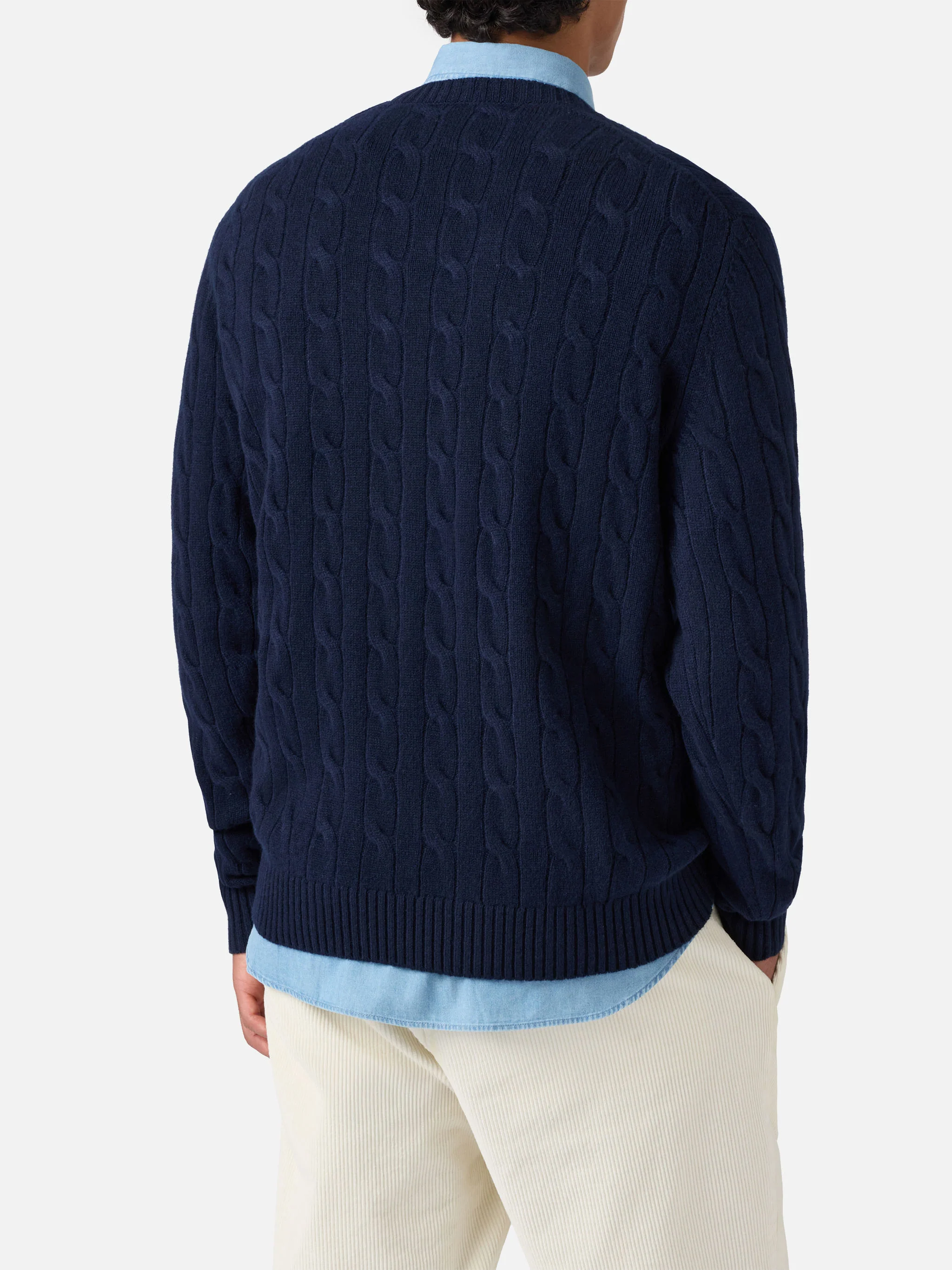 Crewneck cable-knit sweater Regent in 100% navy WOOL - Image 4