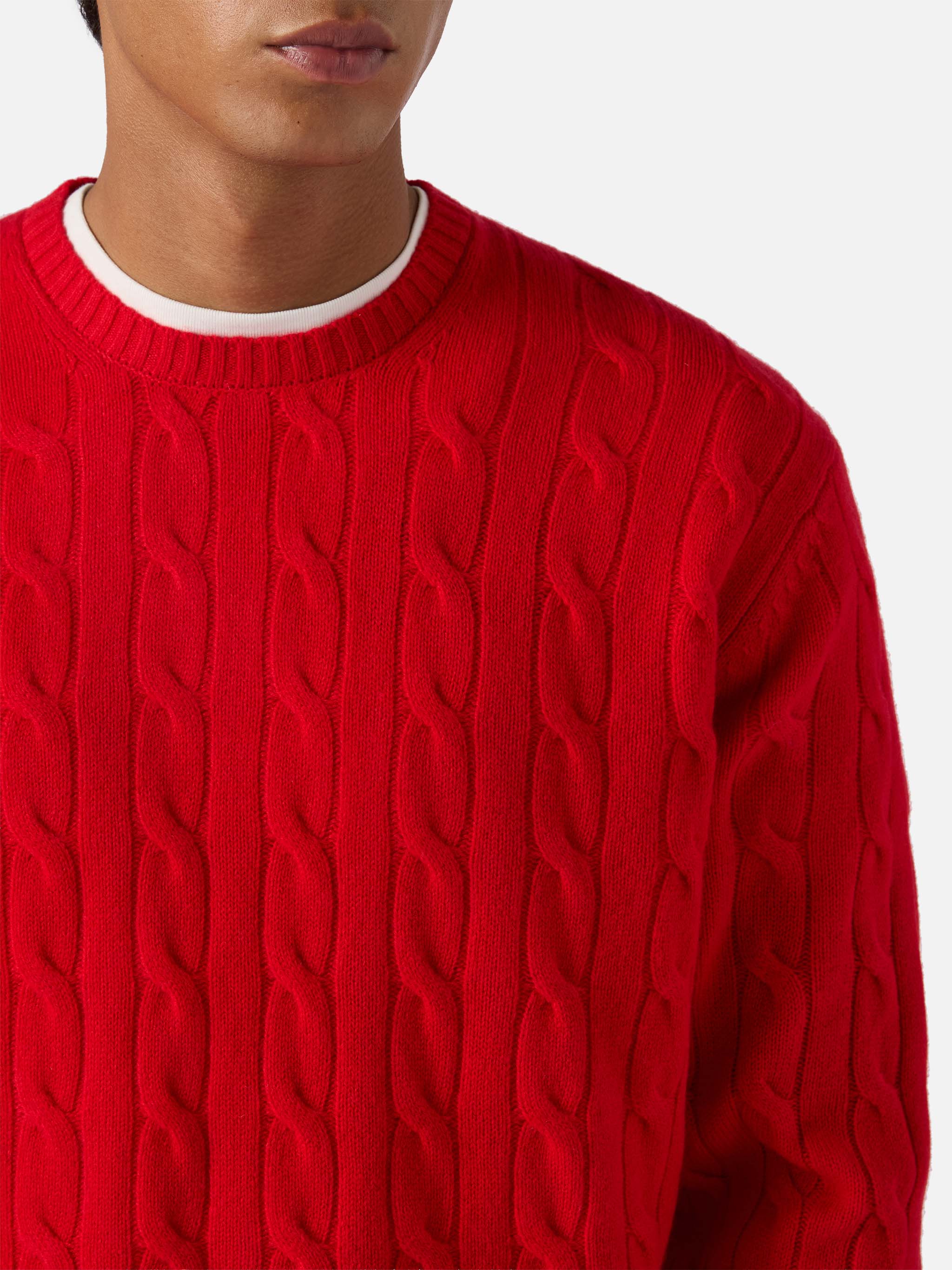 Crewneck cable-knit sweater Regent in 100% red WOOL - Image 2