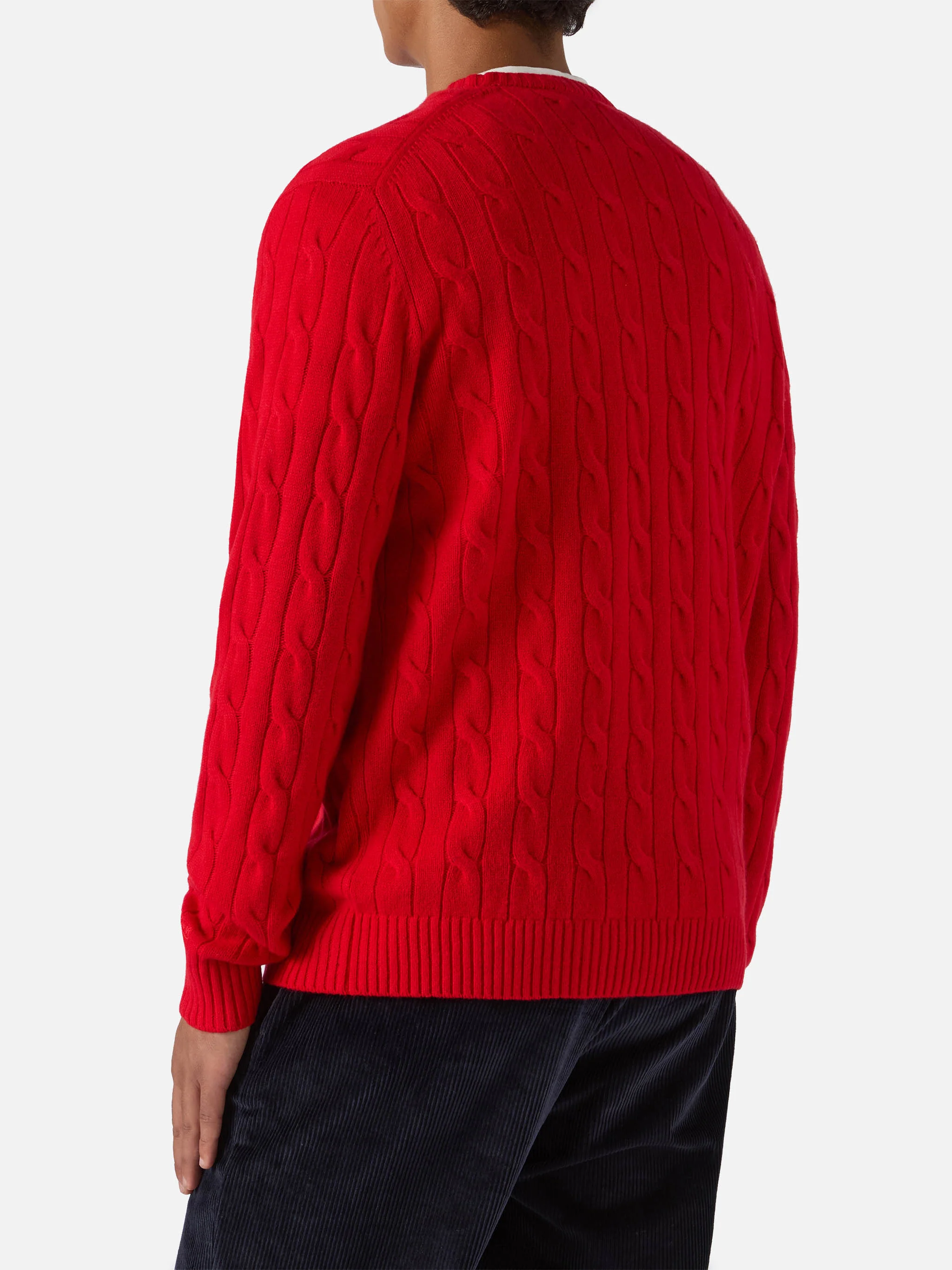 Crewneck cable-knit sweater Regent in 100% red WOOL - Image 3