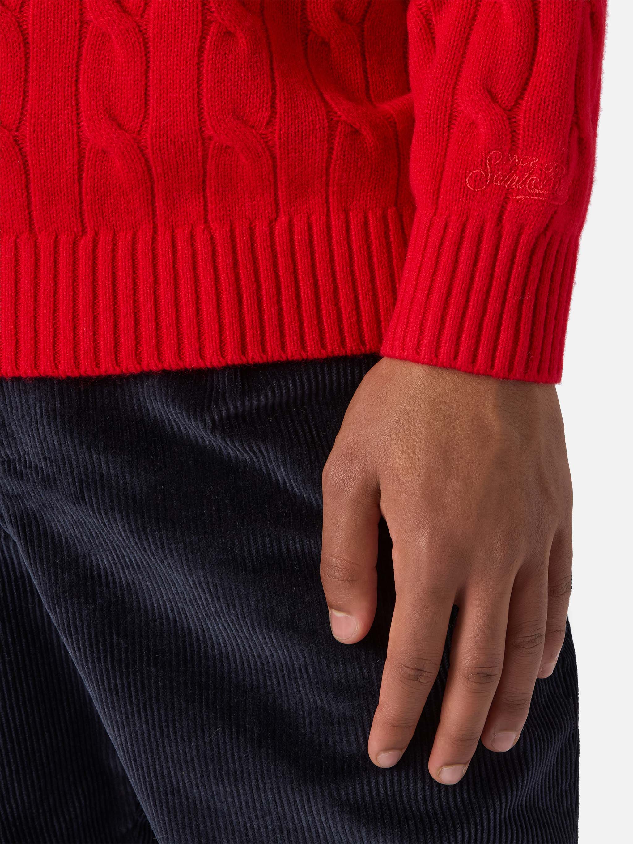 Crewneck cable-knit sweater Regent in 100% red WOOL - Image 4