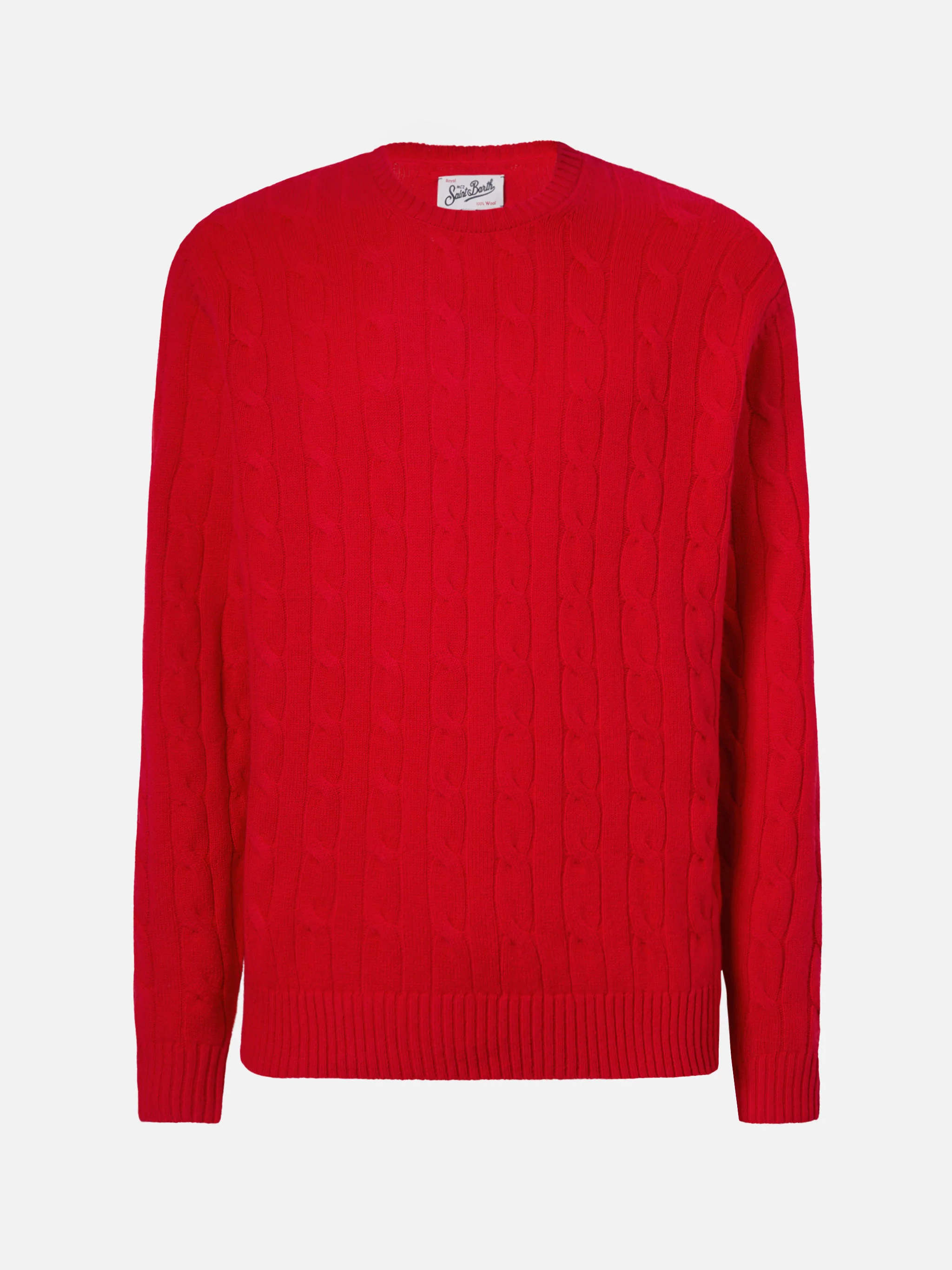 Crewneck cable-knit sweater Regent in 100% red WOOL - Image 5