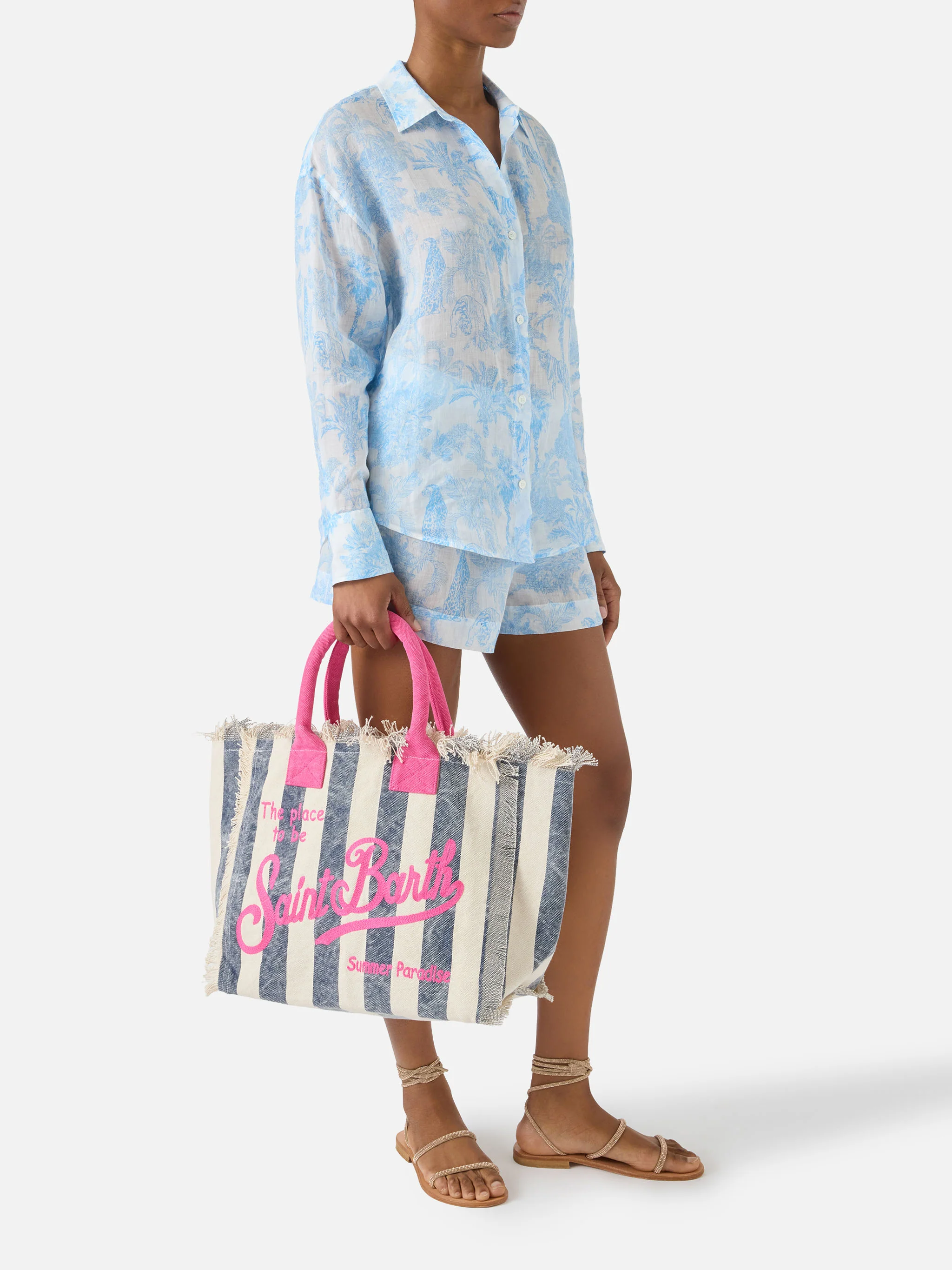 Regular Vanity canvas bag with blue vertical stripes - Image 2