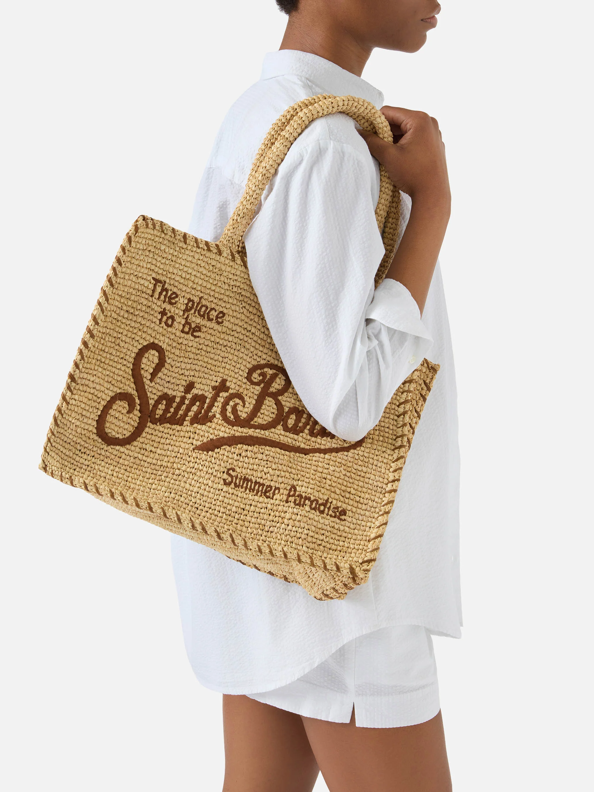 Regular Vanity raffia bag with brown details - Image 2