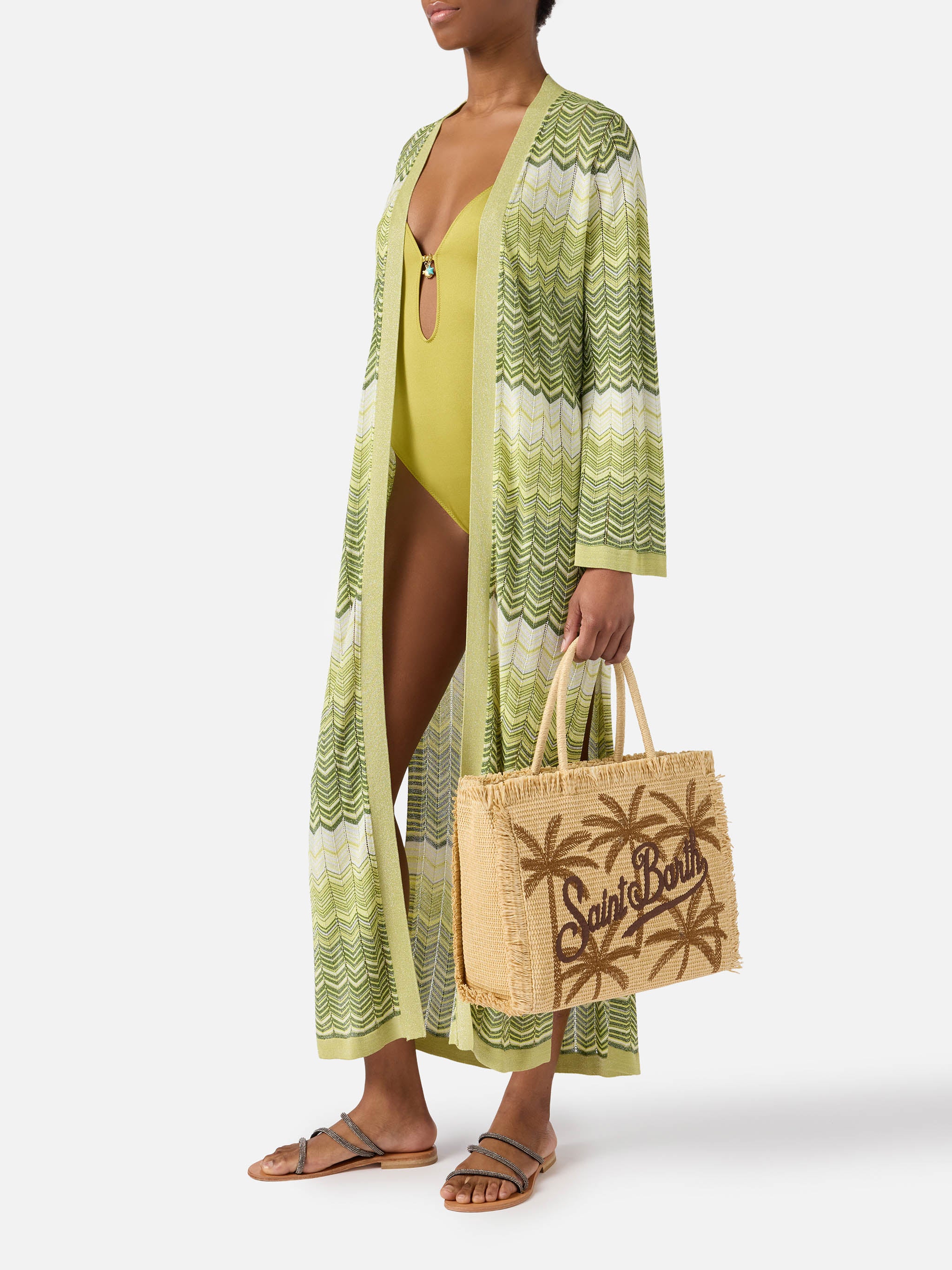 Regular Vanity straw effect bag with palm embroidery - Image 2