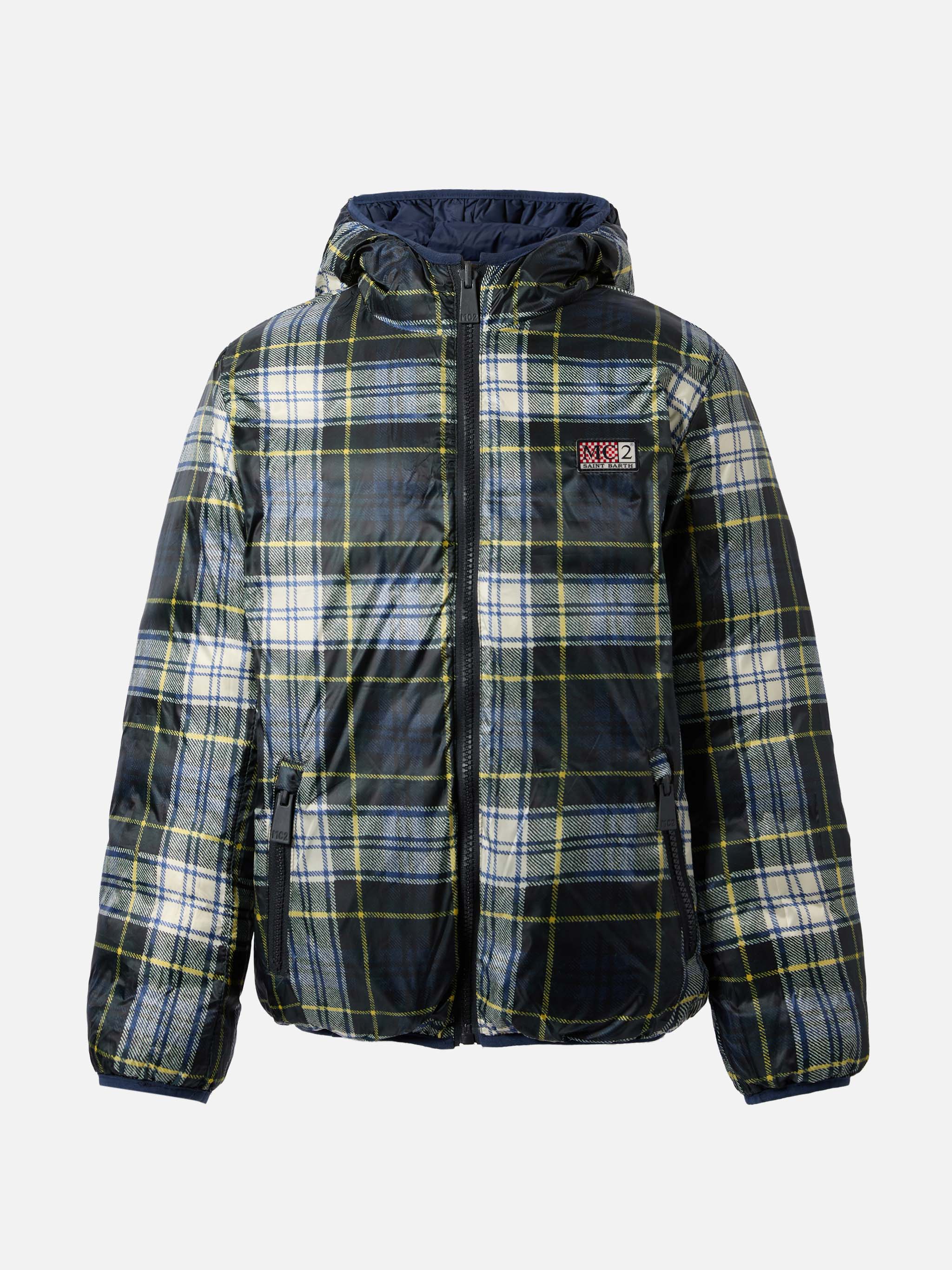 Reversible down jacket Bob in navy blue and tartan - Image 2