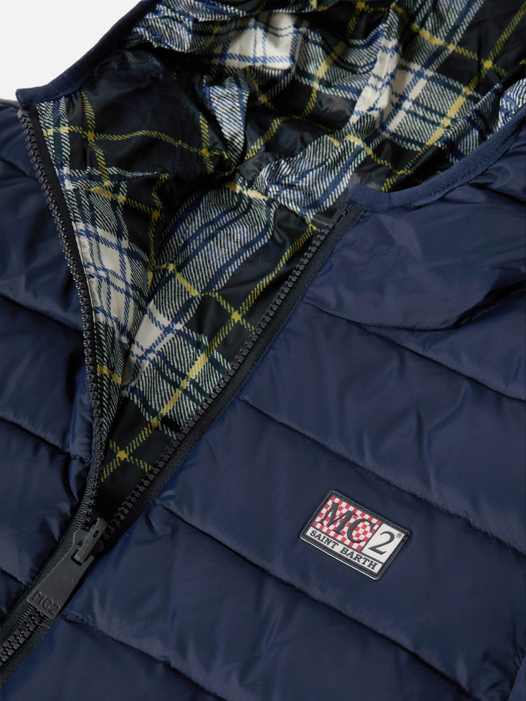 Reversible down jacket Bob in navy blue and tartan - Image 5