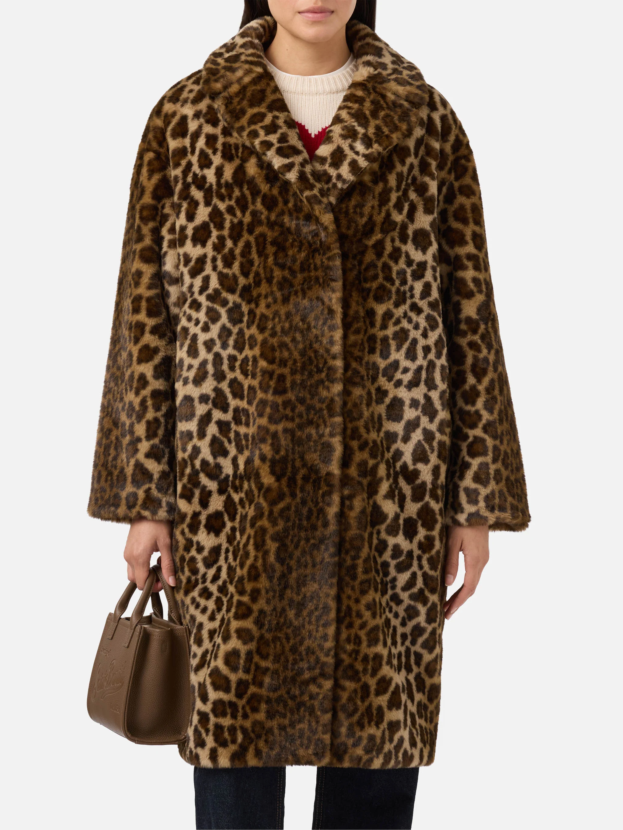 Rouge faux-fur coat with leopard print - Image 5