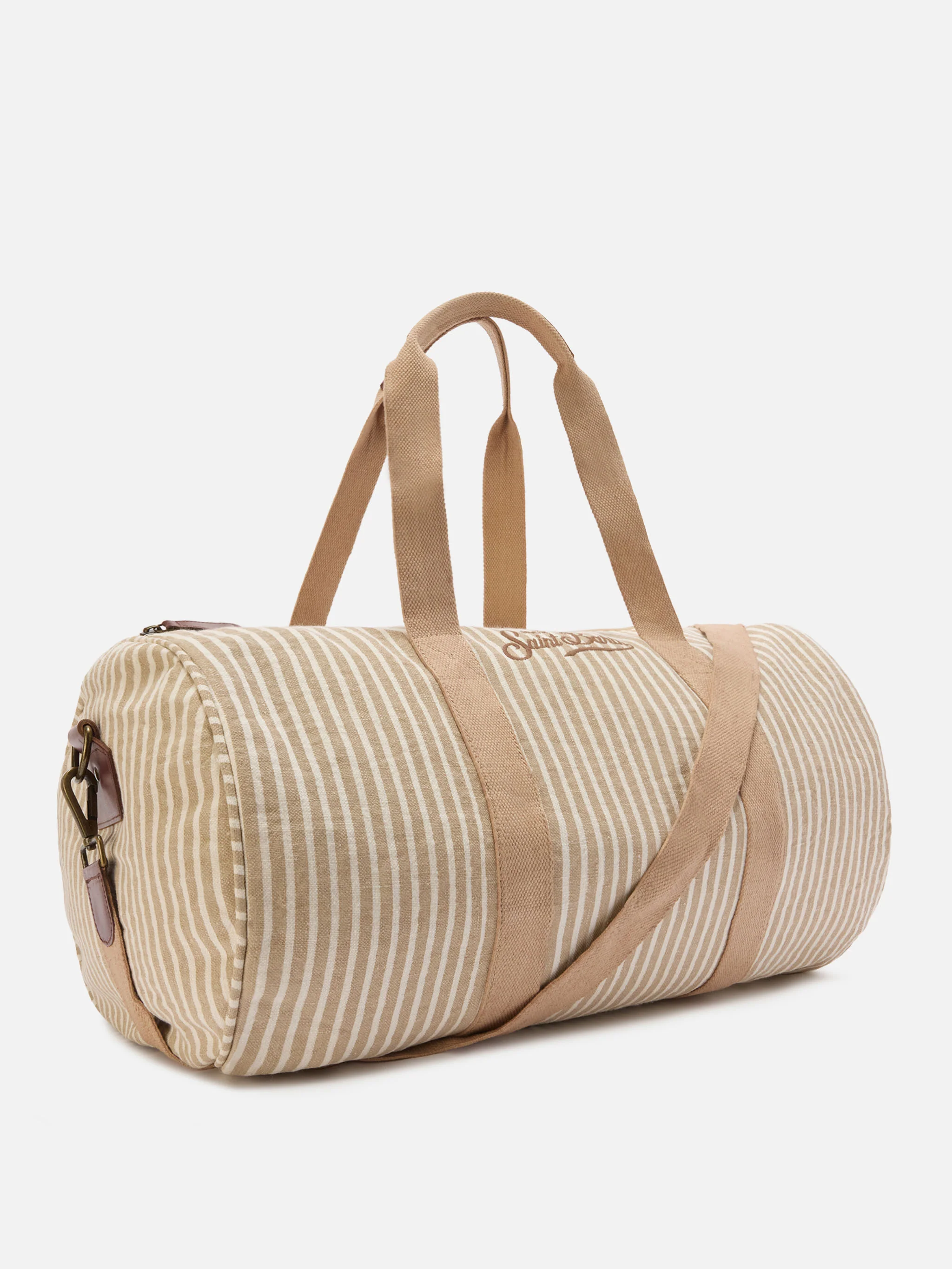 Round Jetleg beige and white striped linen weekender - Image 2