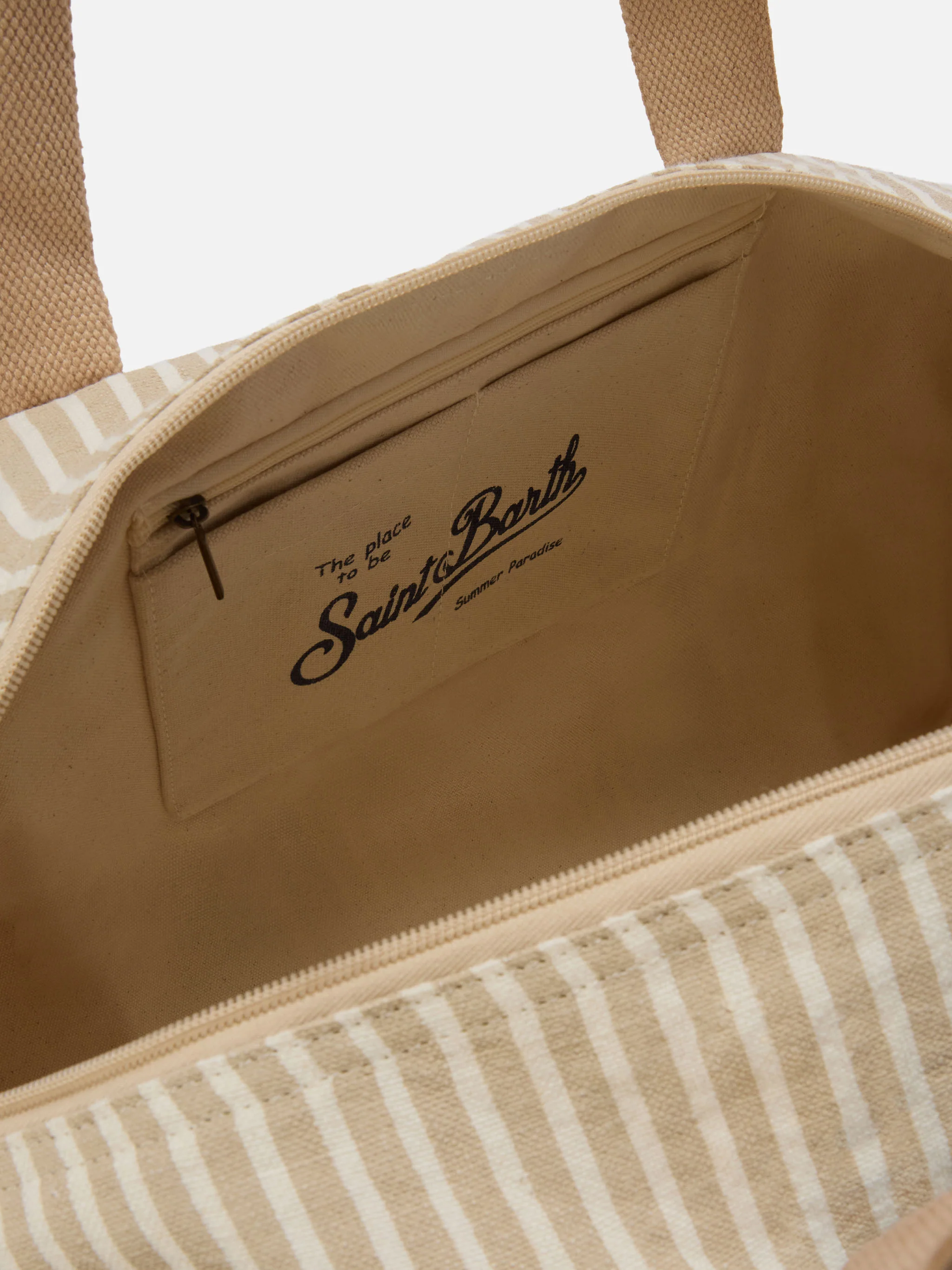 Round Jetleg beige and white striped linen weekender - Image 4