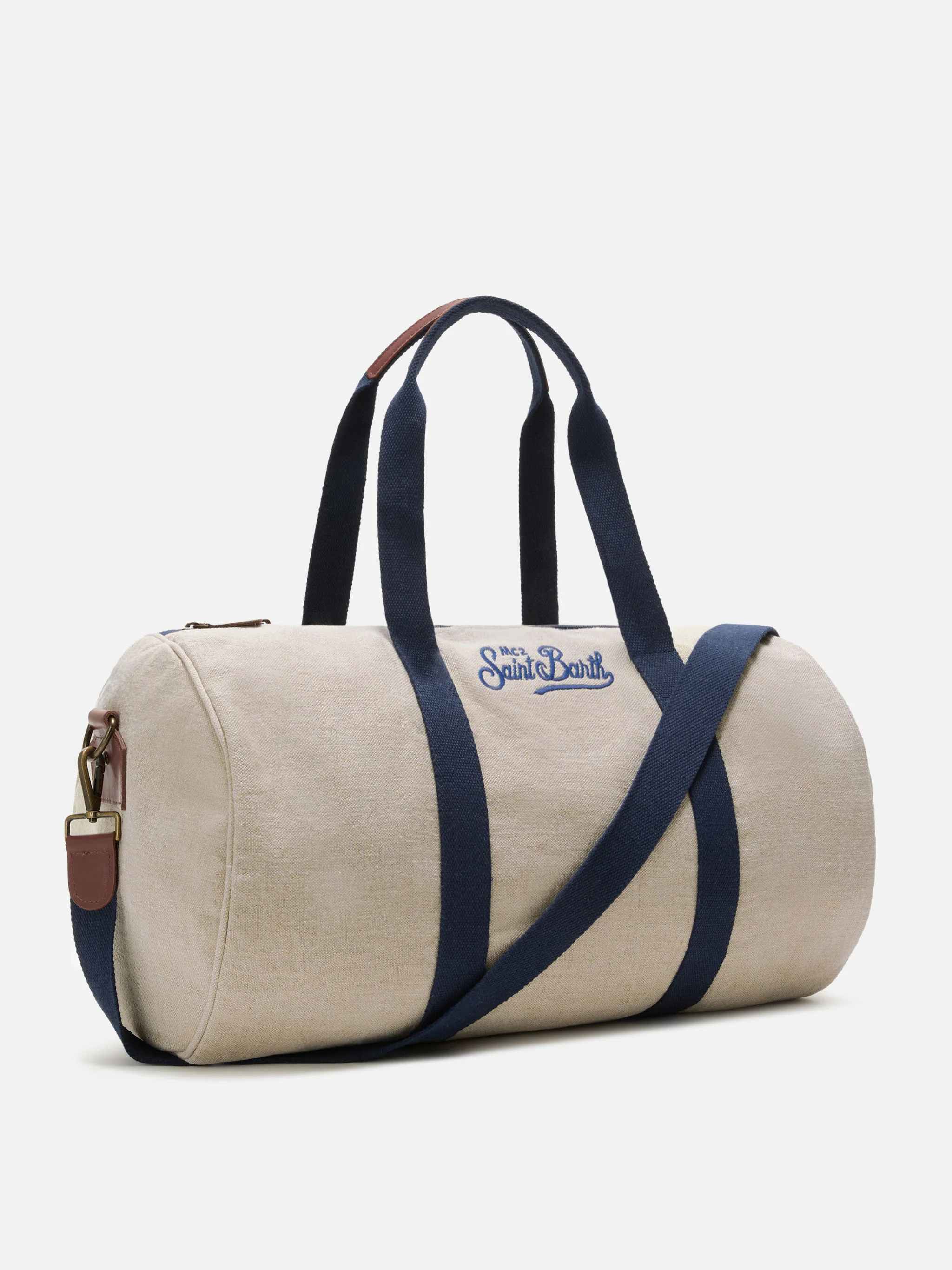 Round Jetleg beige linen weekender with contrasting embroidered logo - Image 3