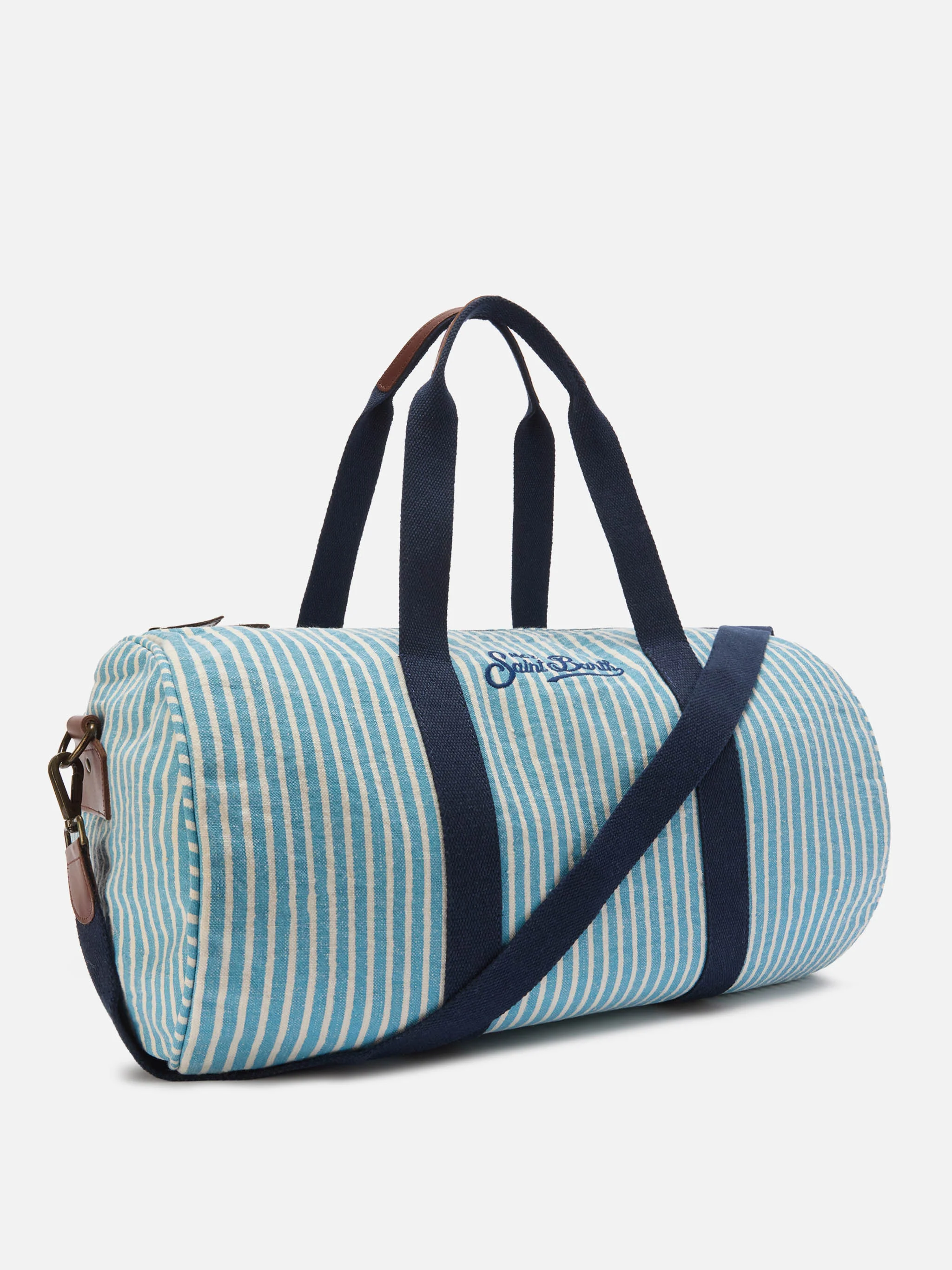 Round Jetleg blue and white striped linen weekender - Image 2