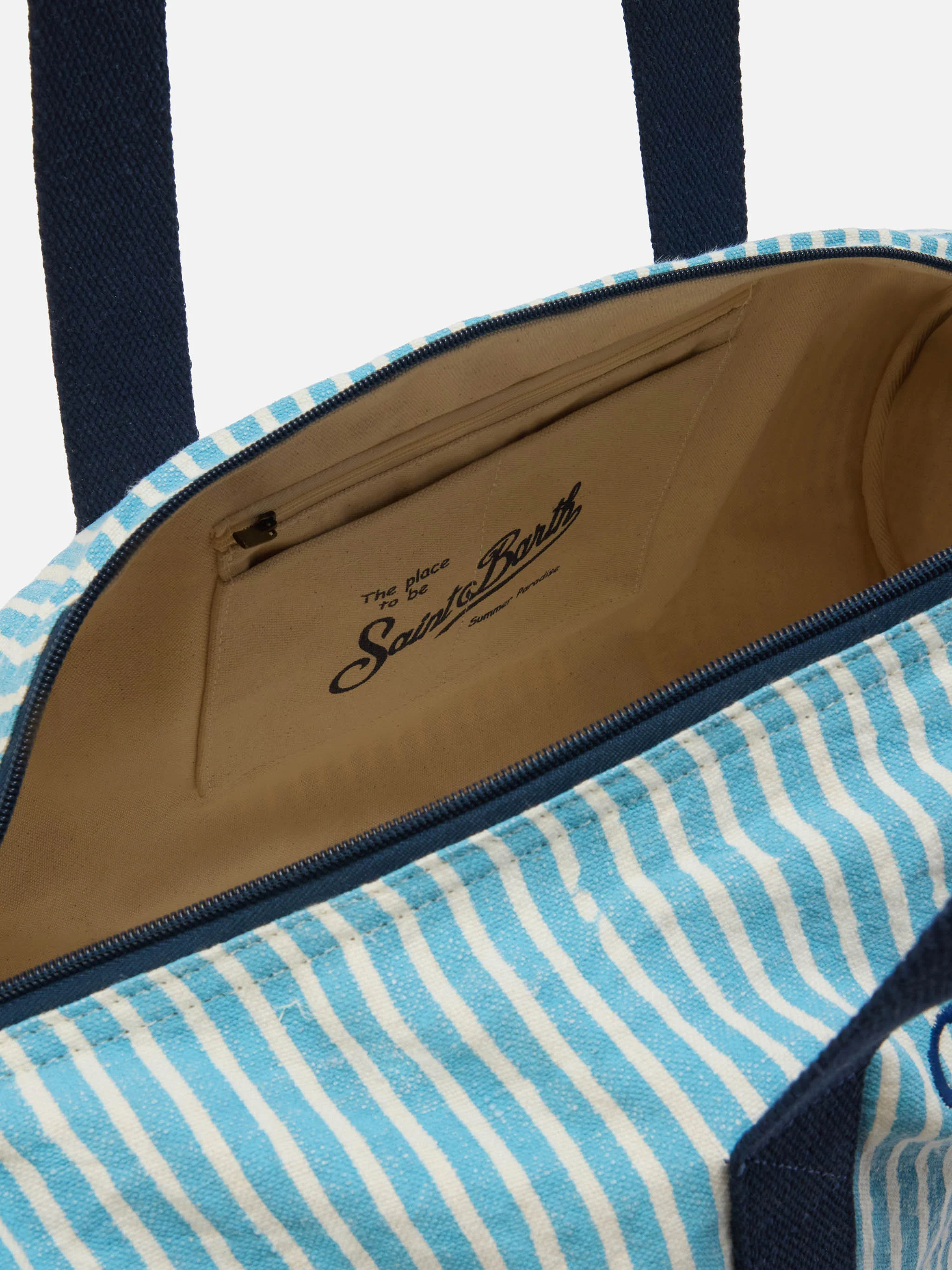 Round Jetleg blue and white striped linen weekender - Image 4