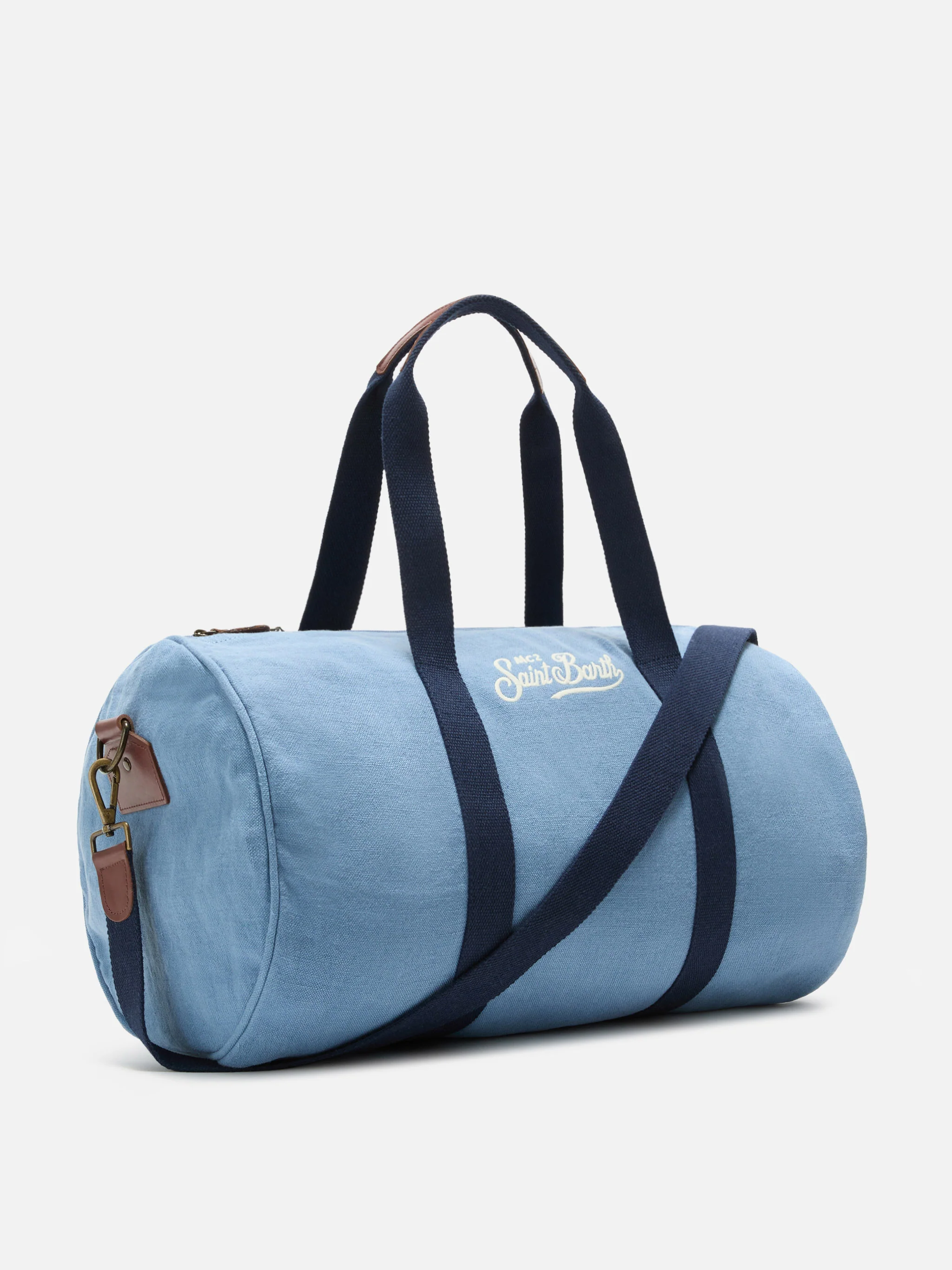 Round Jetleg blue linen weekender with contrasting embroidered logo - Image 3
