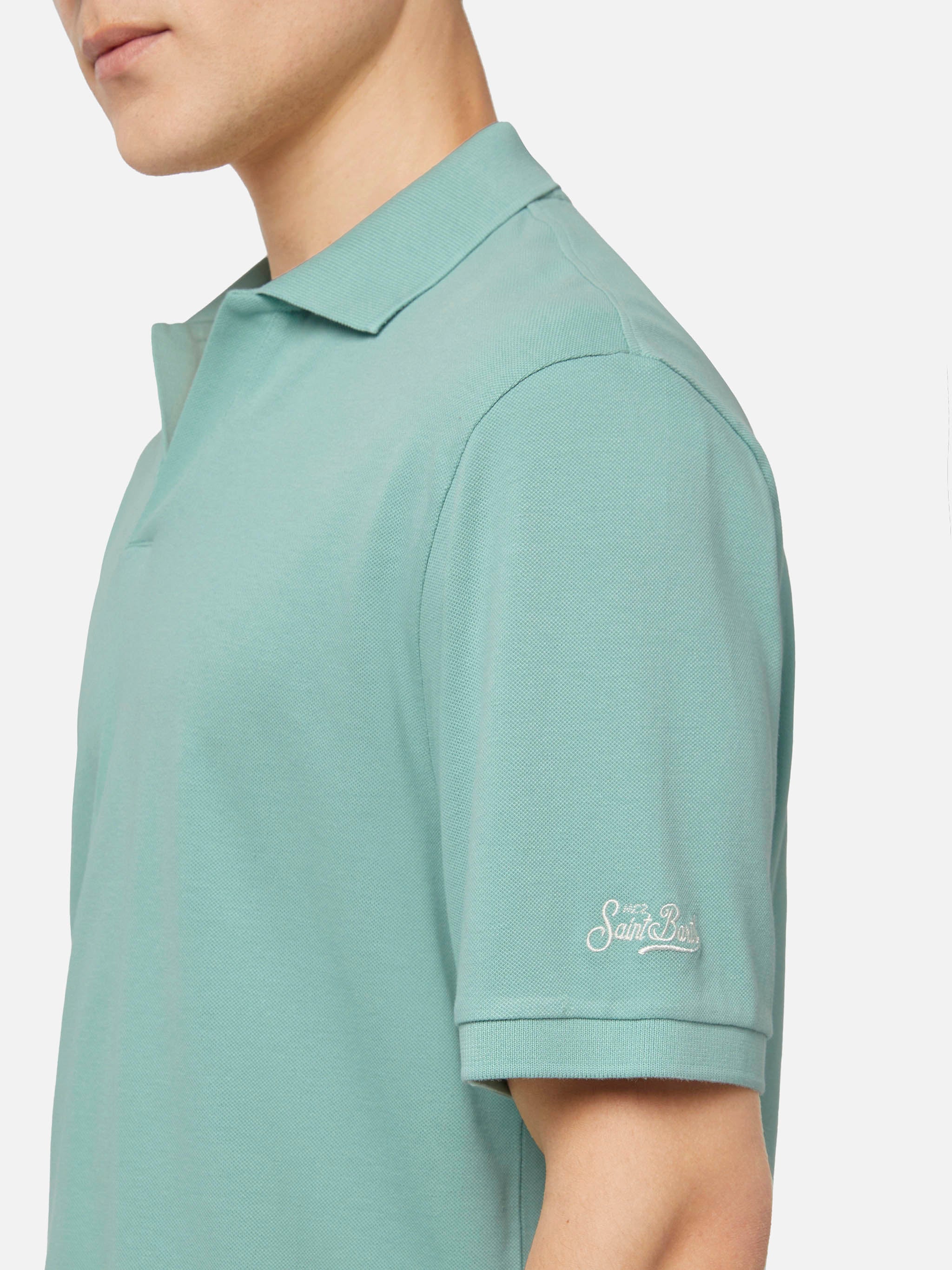 Sage green cotton piquet buttonless polo shirt Charles - Image 2