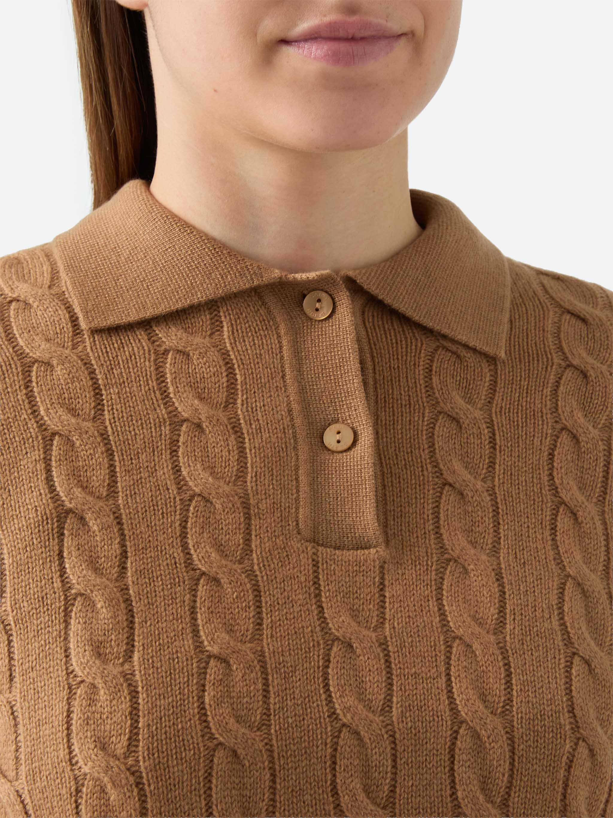 Savoy soft-touch cable-knit merino wool polo sweater in camel - Image 2