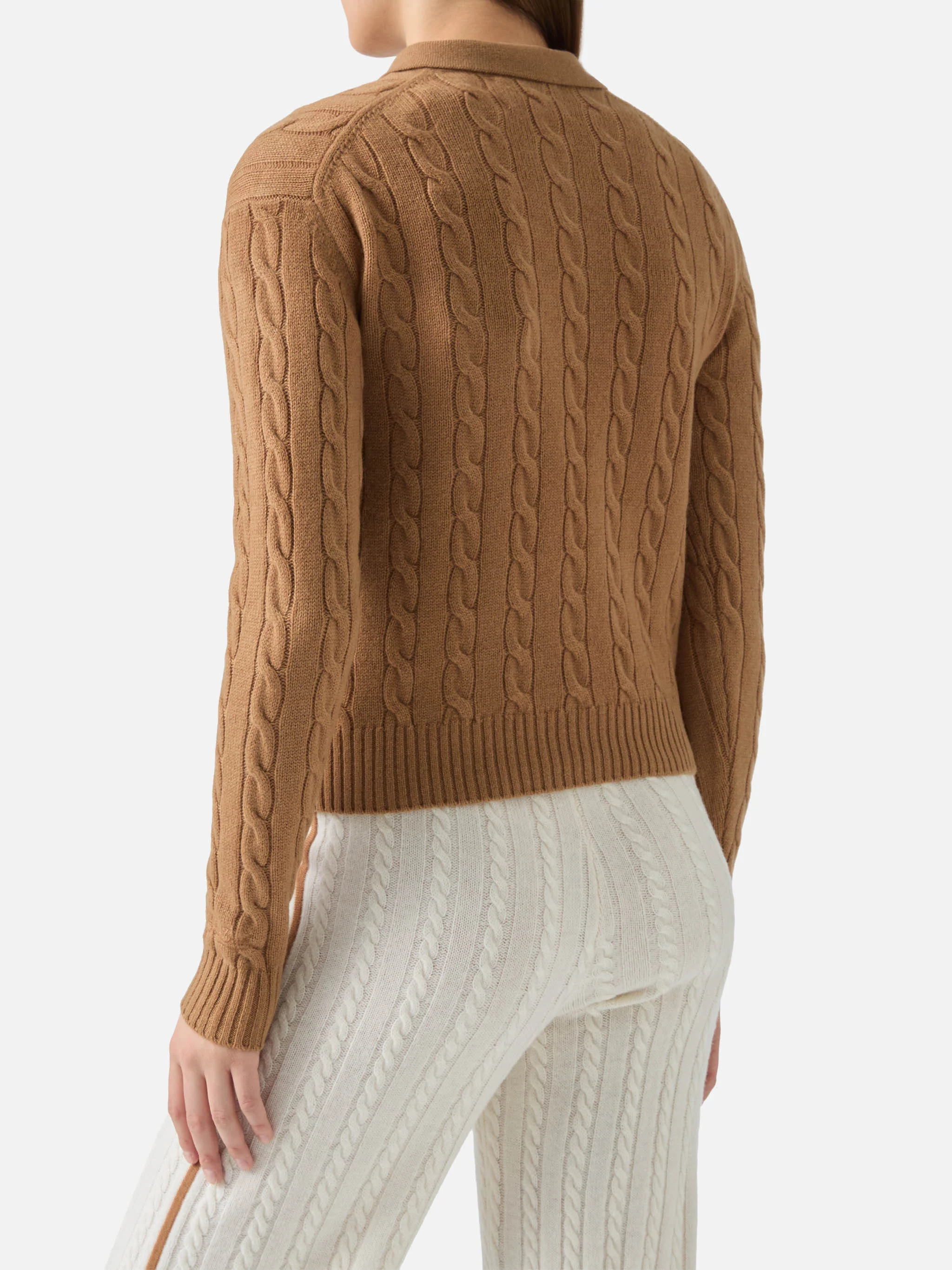 Savoy soft-touch cable-knit merino wool polo sweater in camel - Image 3
