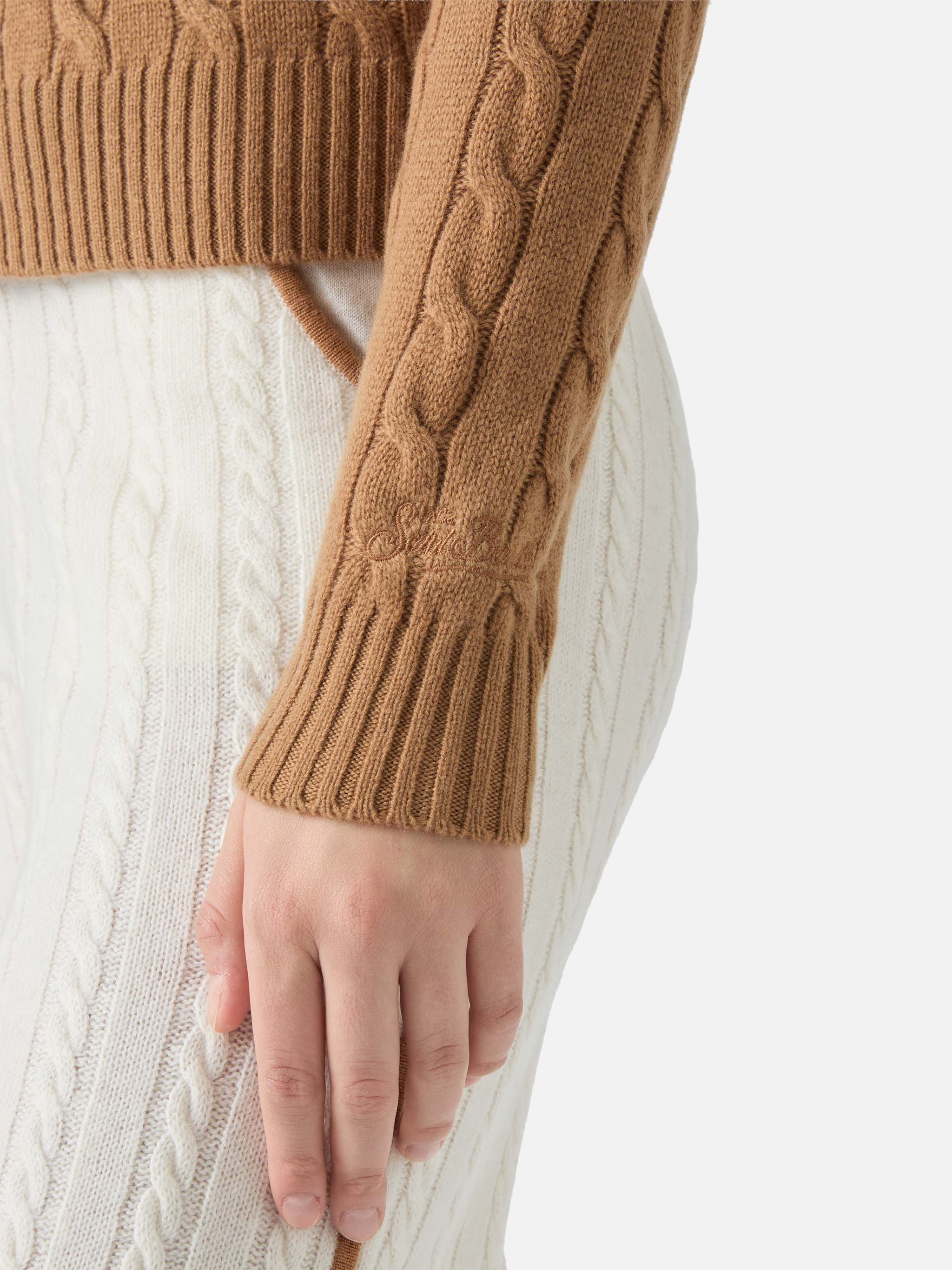 Savoy soft-touch cable-knit merino wool polo sweater in camel - Image 4