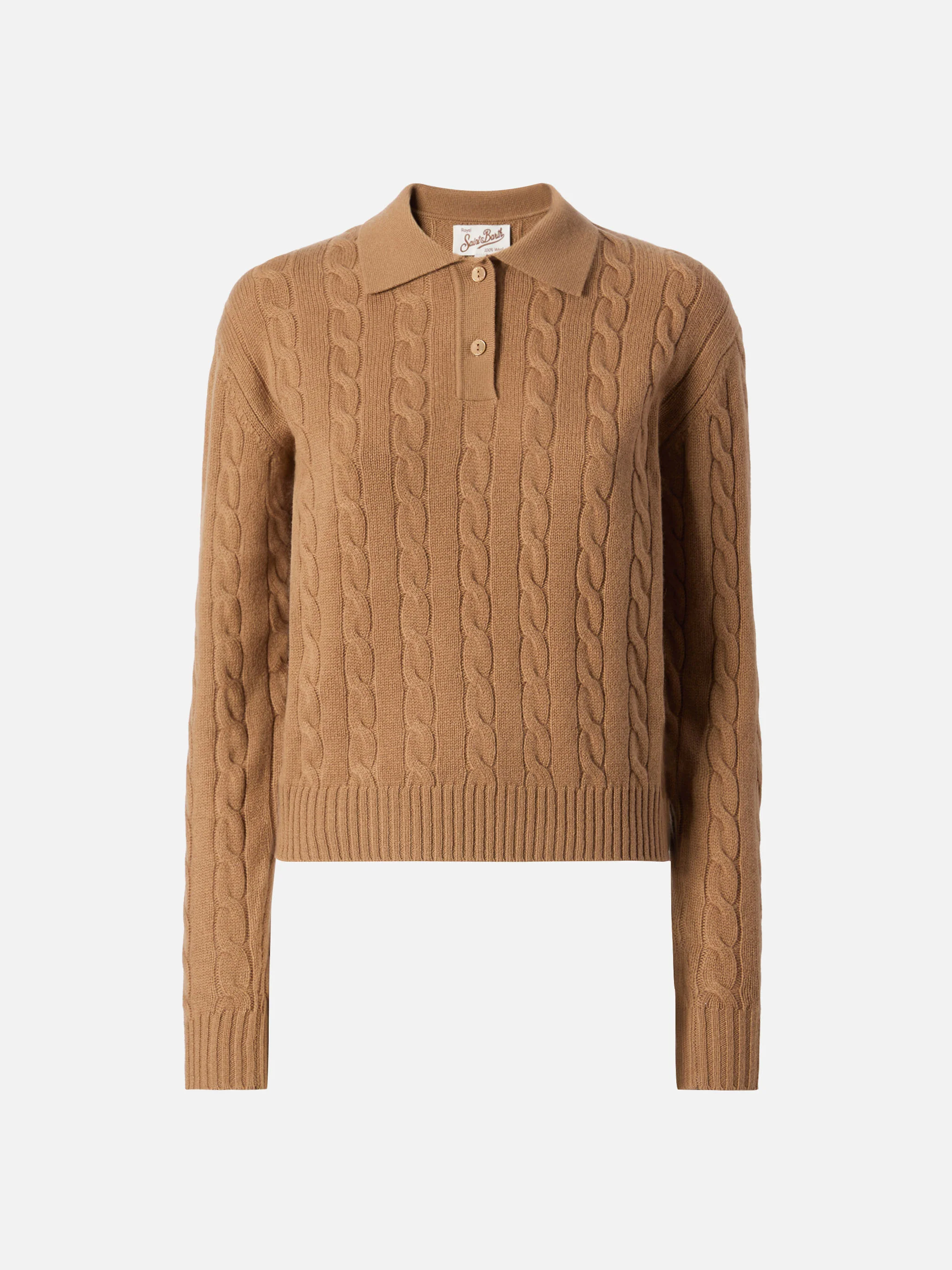 Savoy soft-touch cable-knit merino wool polo sweater in camel - Image 5