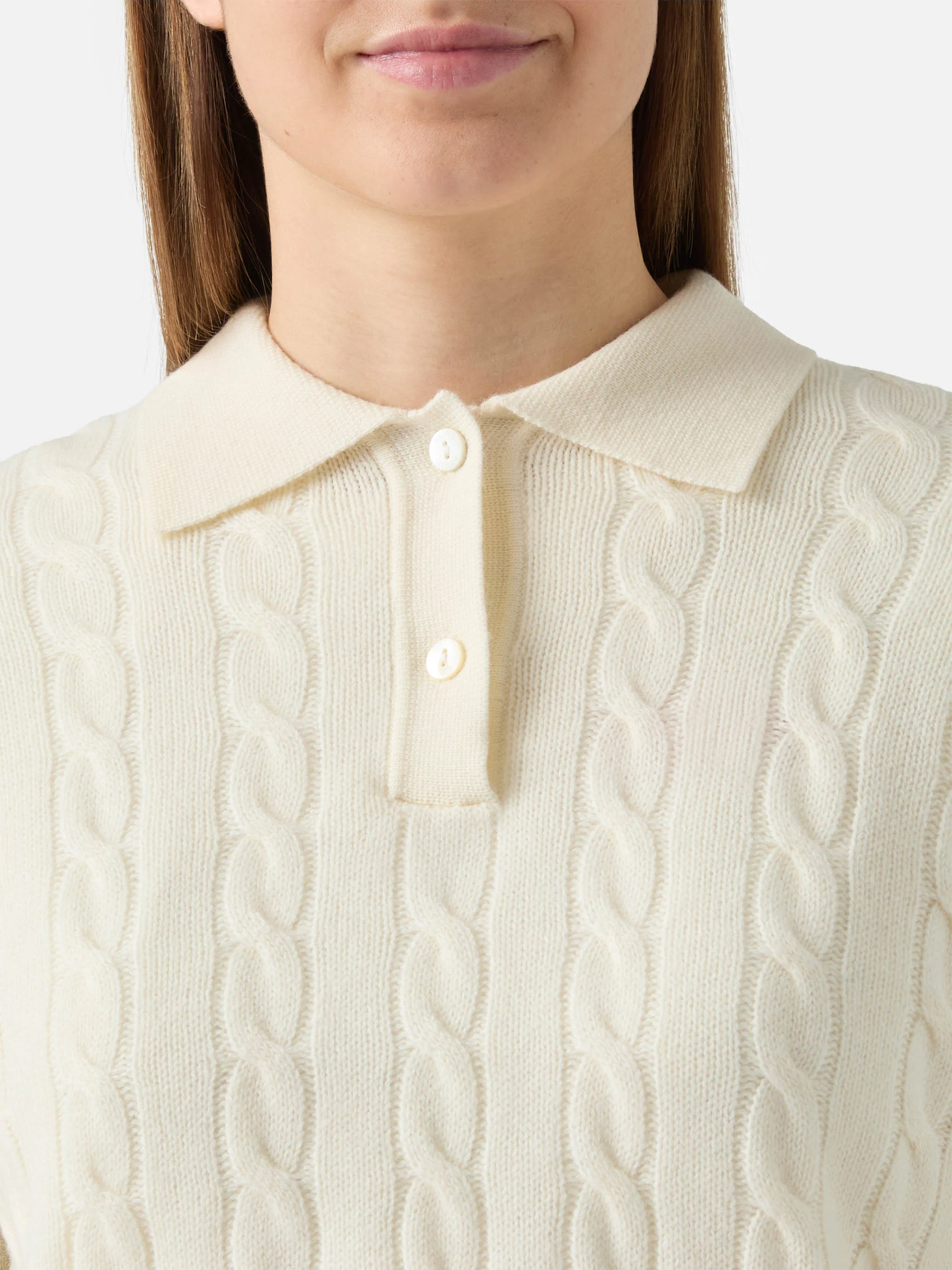 Savoy soft-touch cable-knit merino wool polo sweater in white - Image 2