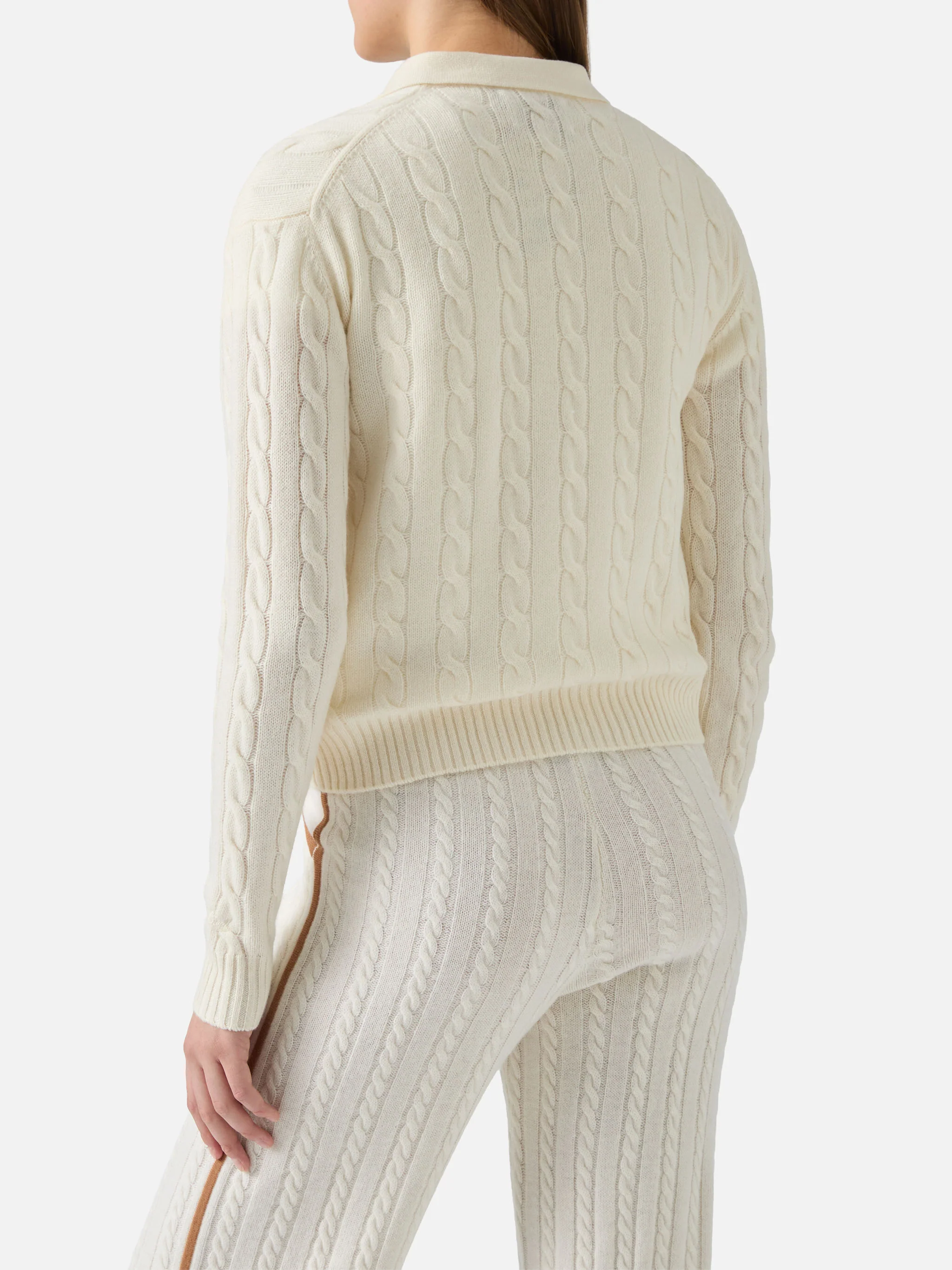 Savoy soft-touch cable-knit merino wool polo sweater in white - Image 3