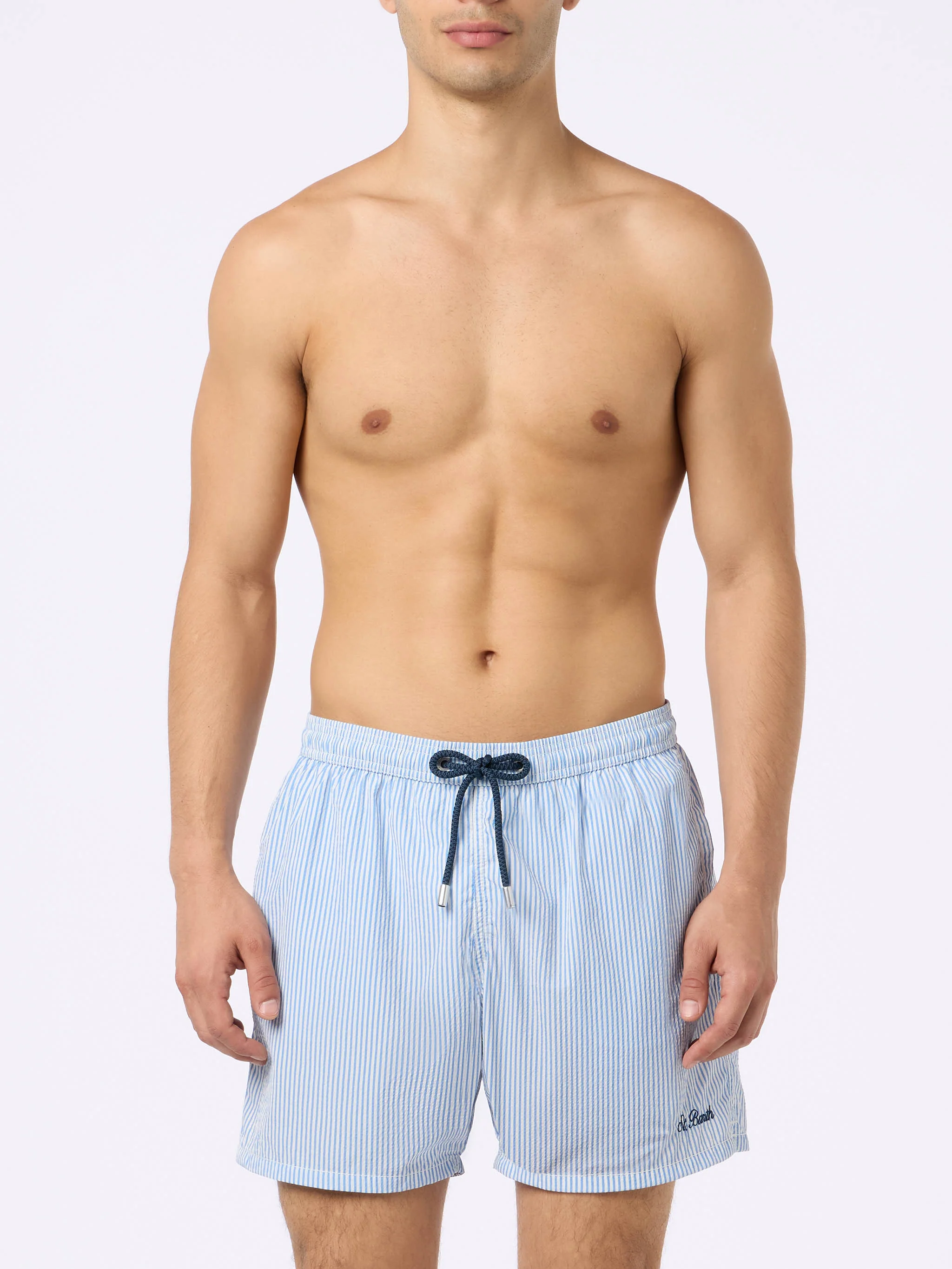 Seersucker light blue striped swim shorts Patmos - Image 4