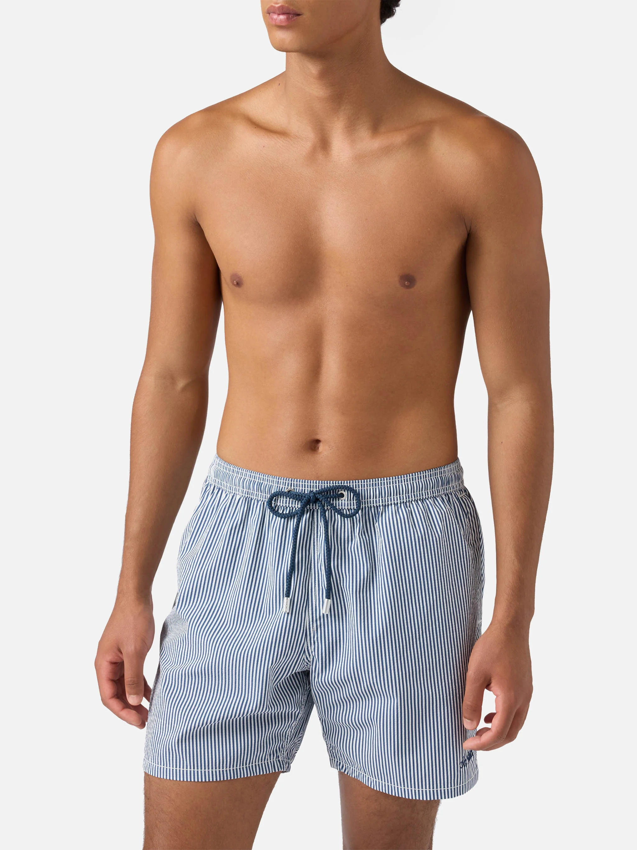 Seersucker navy blue striped classic light swim shorts Patmos - Image 3