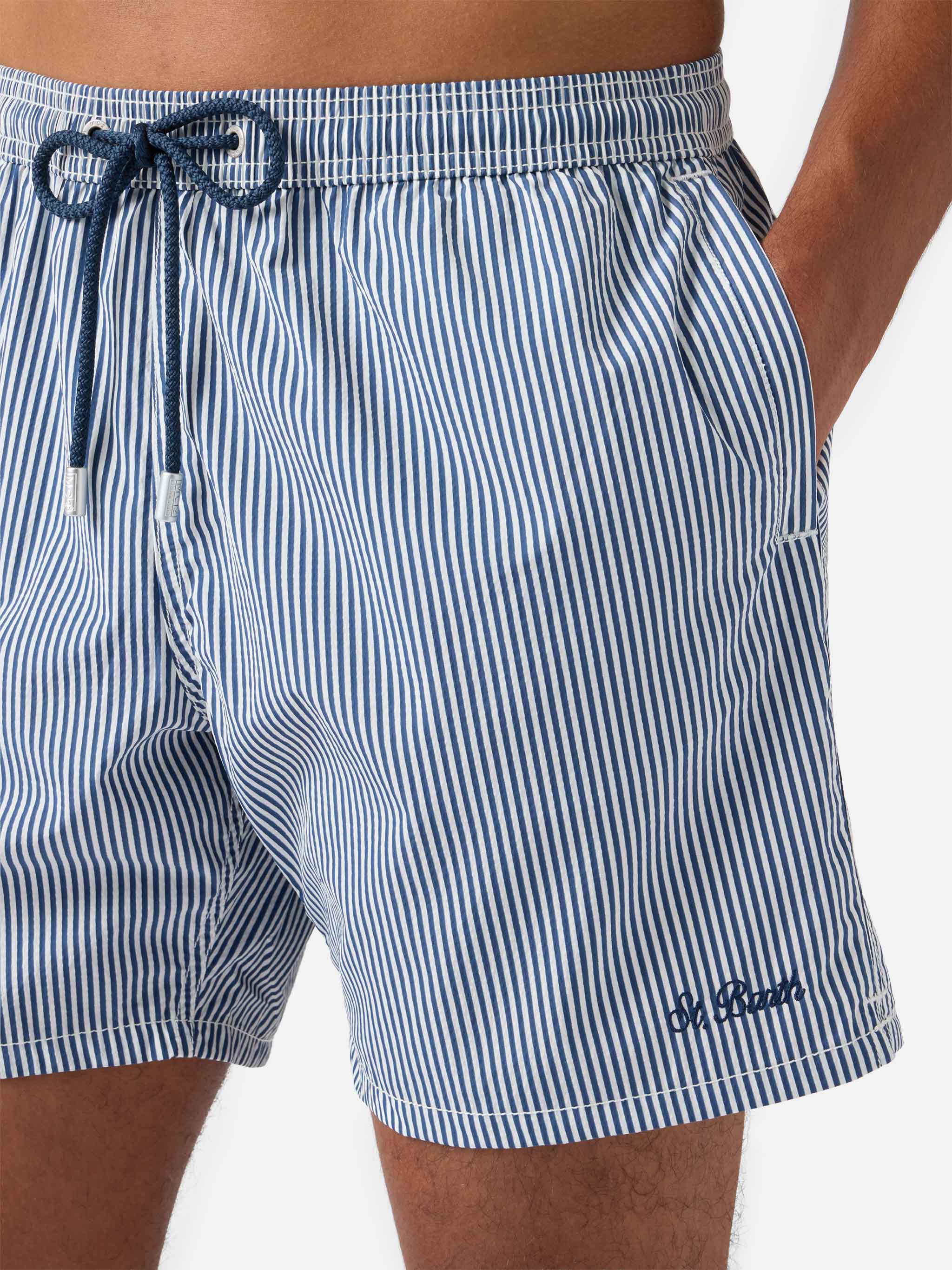 Seersucker navy blue striped classic light swim shorts Patmos - Image 4