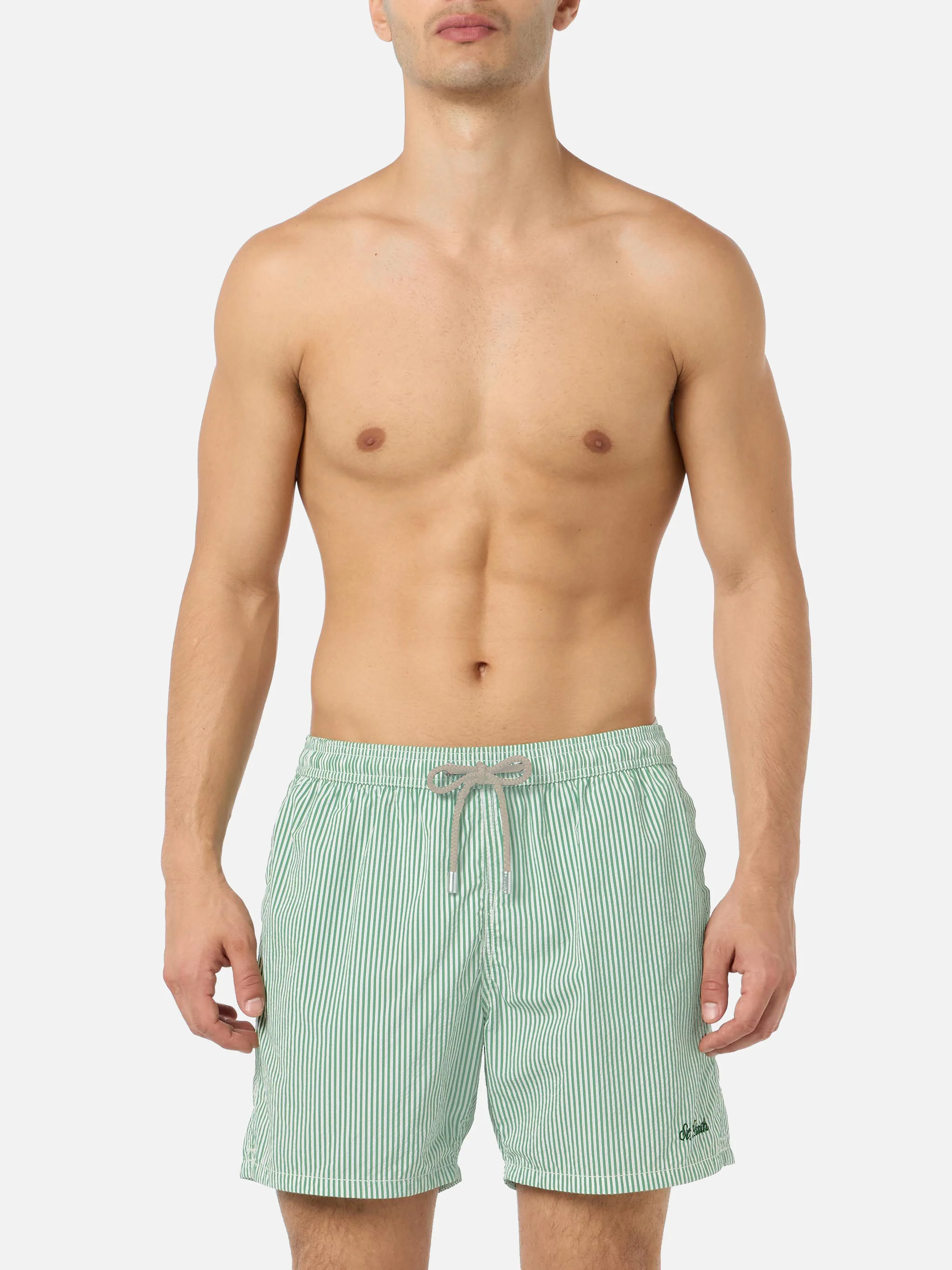 Seersucker sage green striped classic light swim shorts Patmos - Image 3
