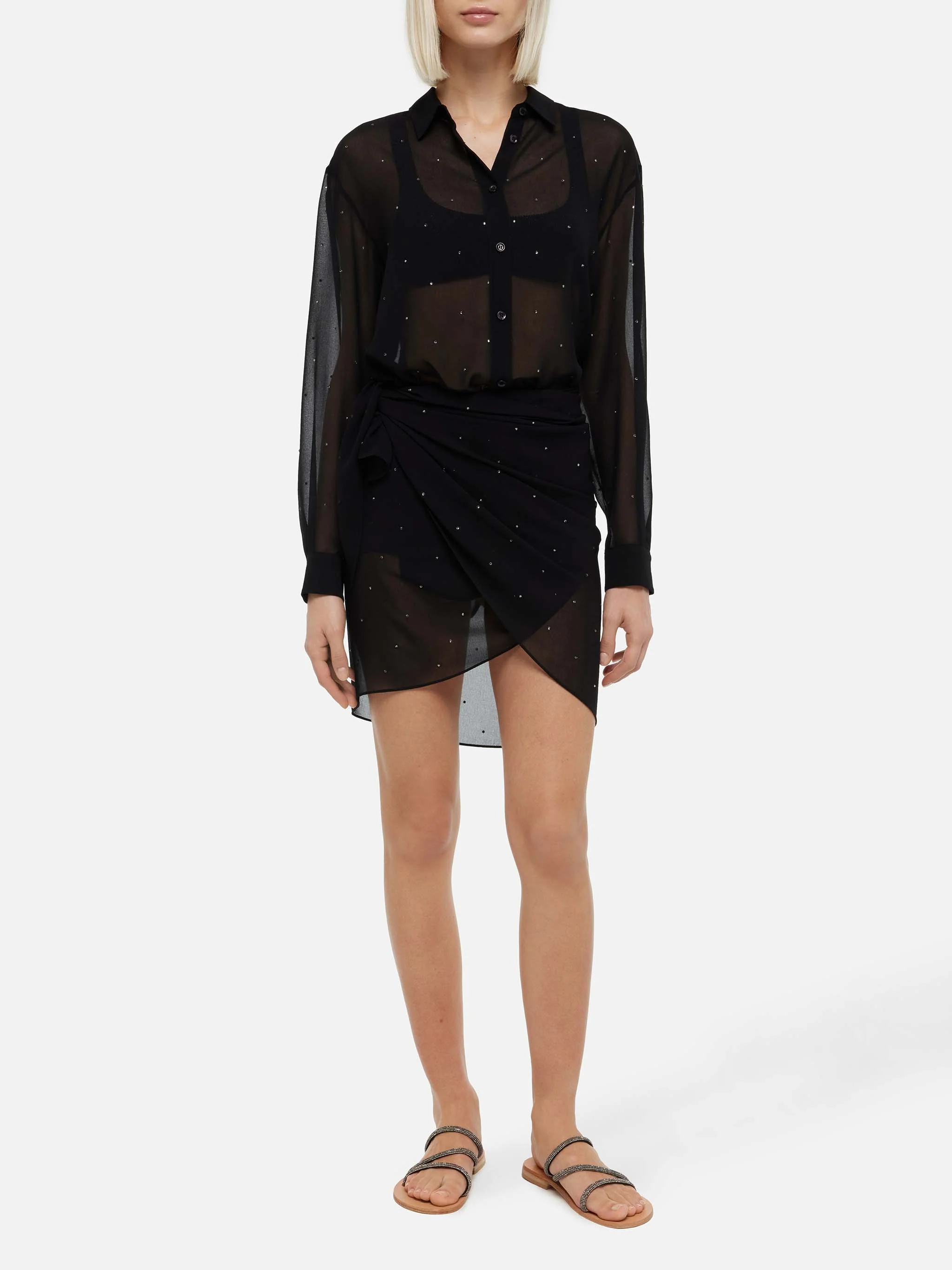 Sery short black georgette pareo with rhinestone embellishment - Image 4