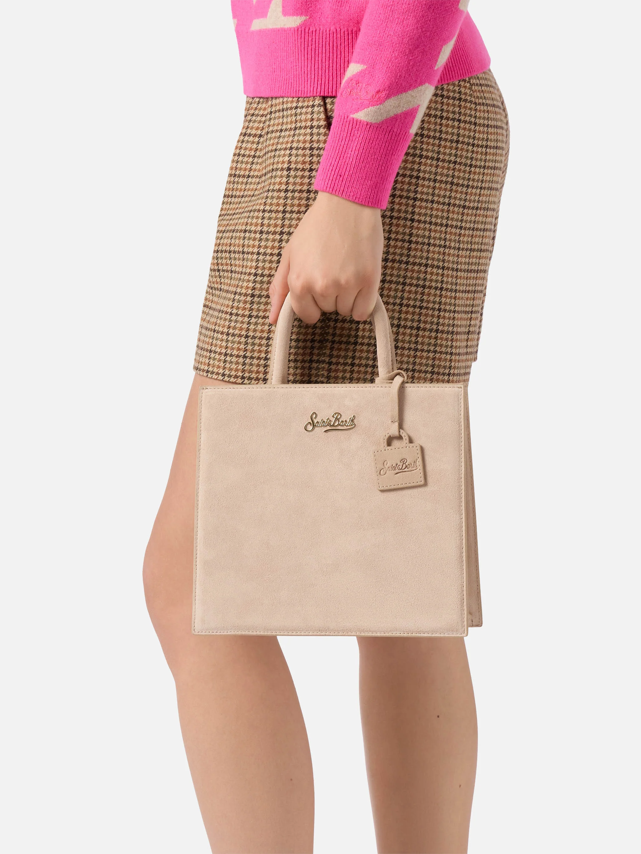 Shop Bag Midi Handbag in beige suede leather - Image 2