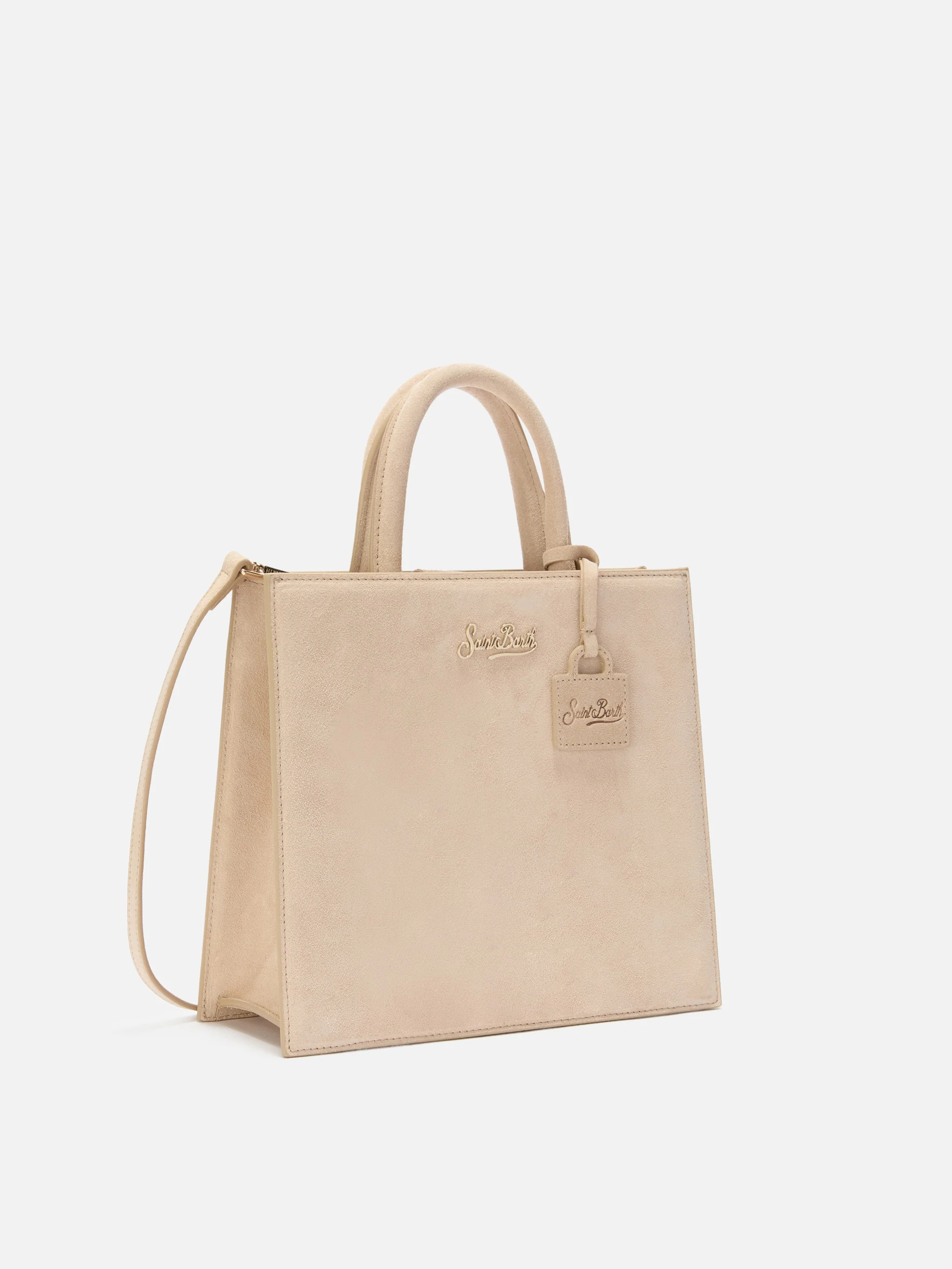 Shop Bag Midi Handbag in beige suede leather - Image 3