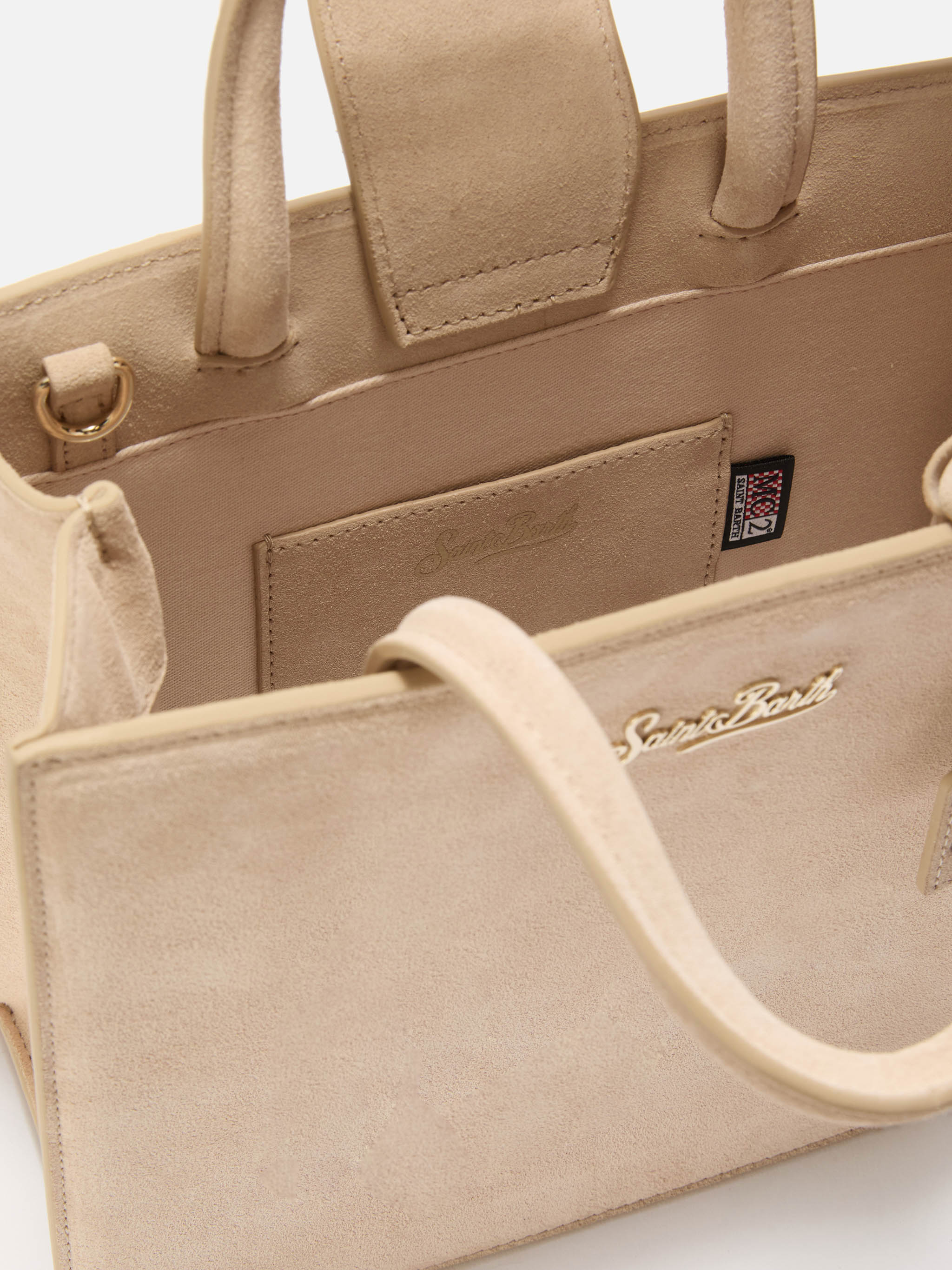 Shop Bag Midi Handbag in beige suede leather - Image 5