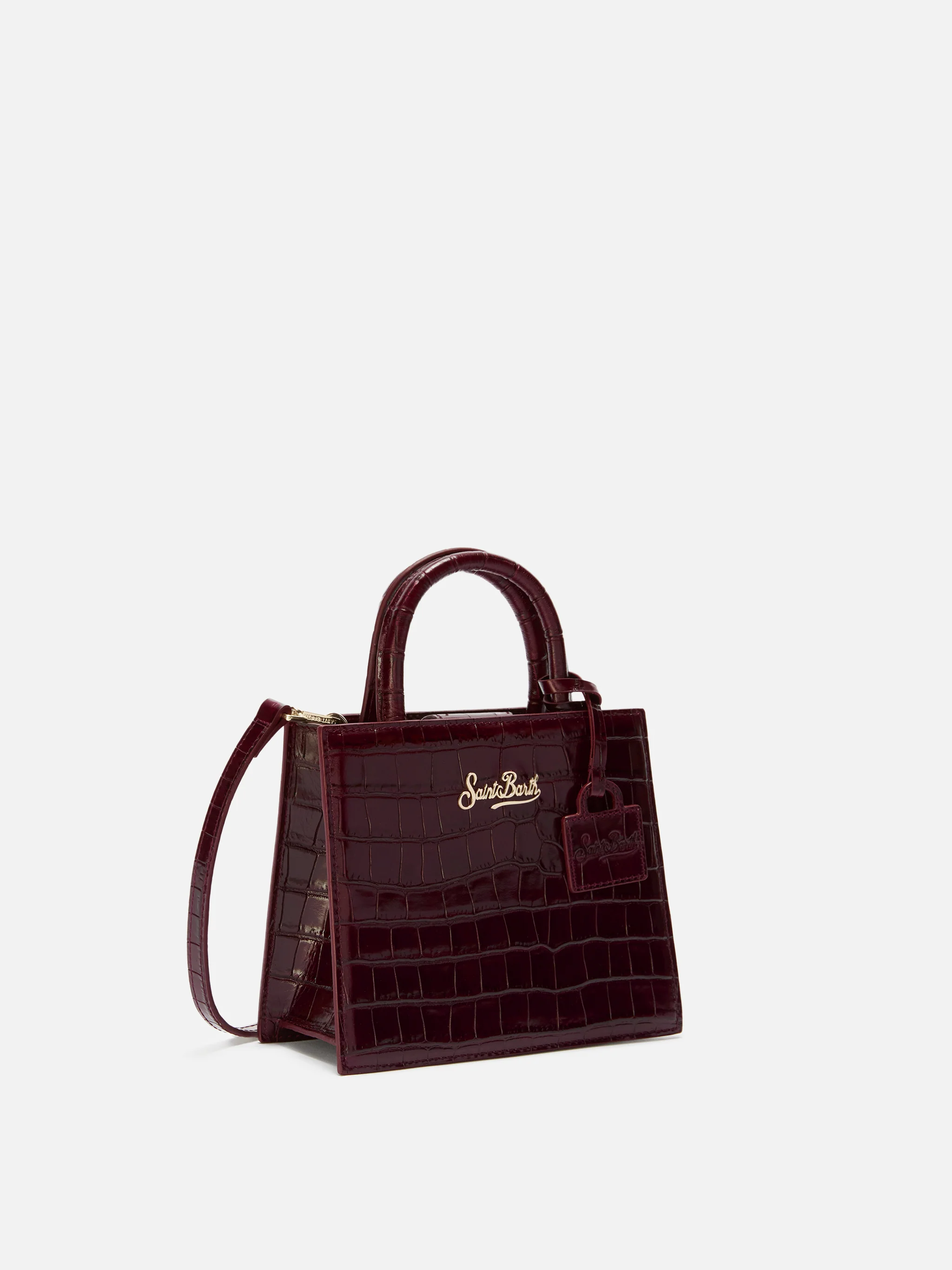 Shop Bag Mini Handbag in burgundy crocodile-print leather - Image 3