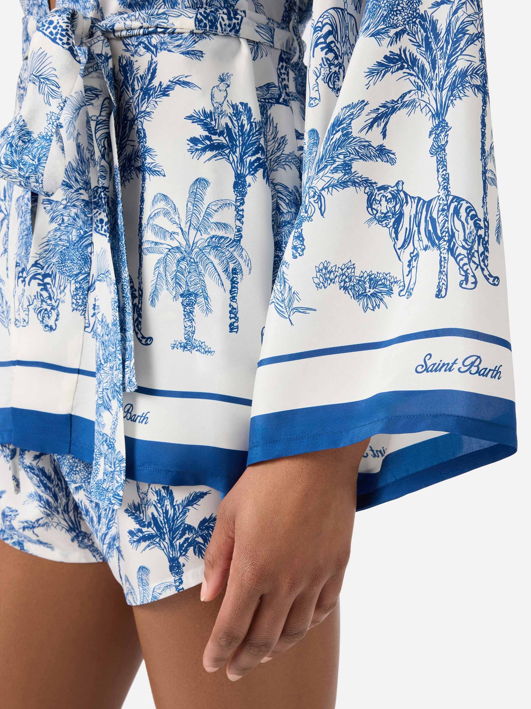 Short Carly kimono in silk with toile de Jouy print - Image 2