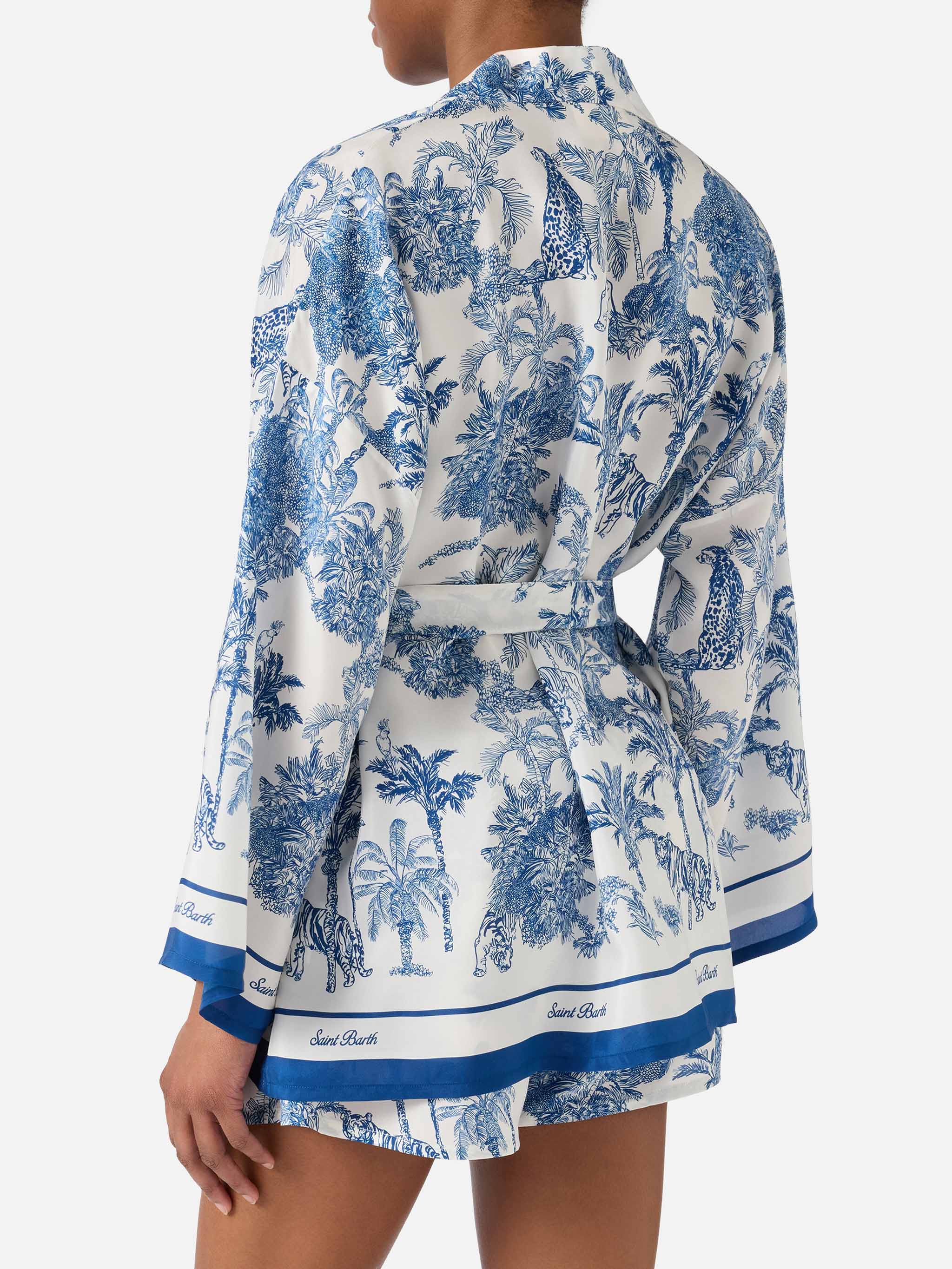 Short Carly kimono in silk with toile de Jouy print - Image 3