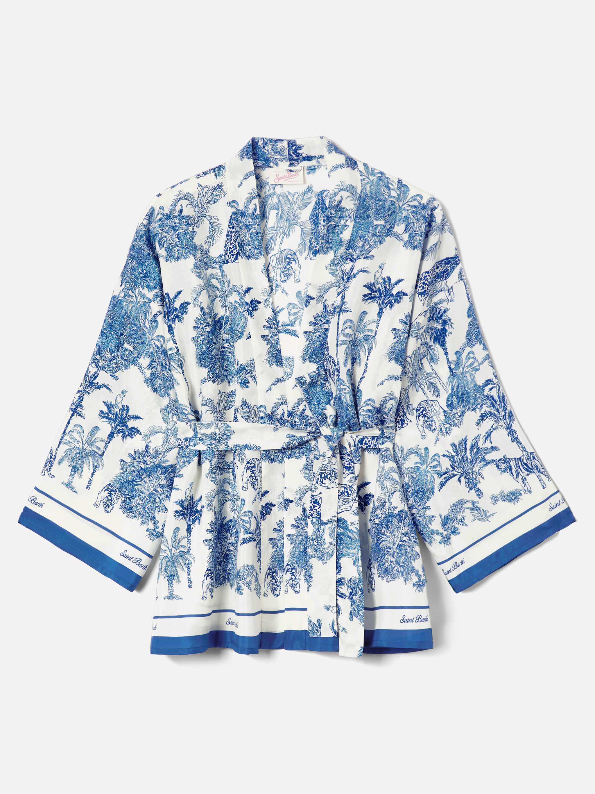 Short Carly kimono in silk with toile de Jouy print - Image 4