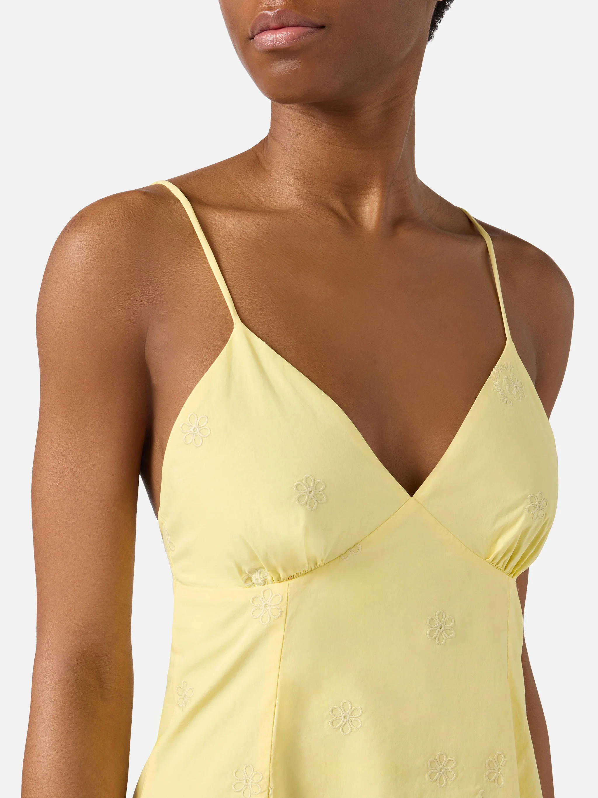 Short Marge dress in yellow cotton with floral embroidery - Image 2