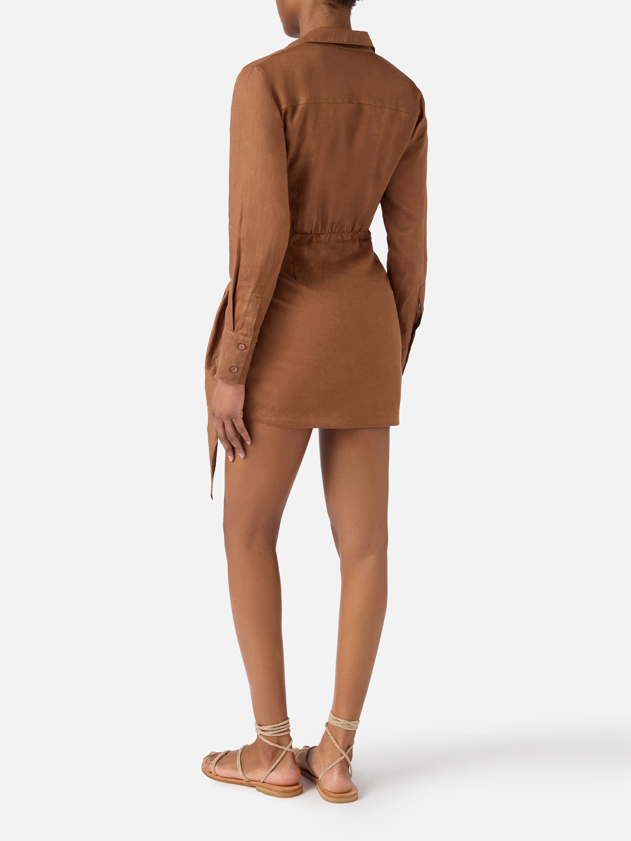 Short Ravi dress in brown linen - Image 3