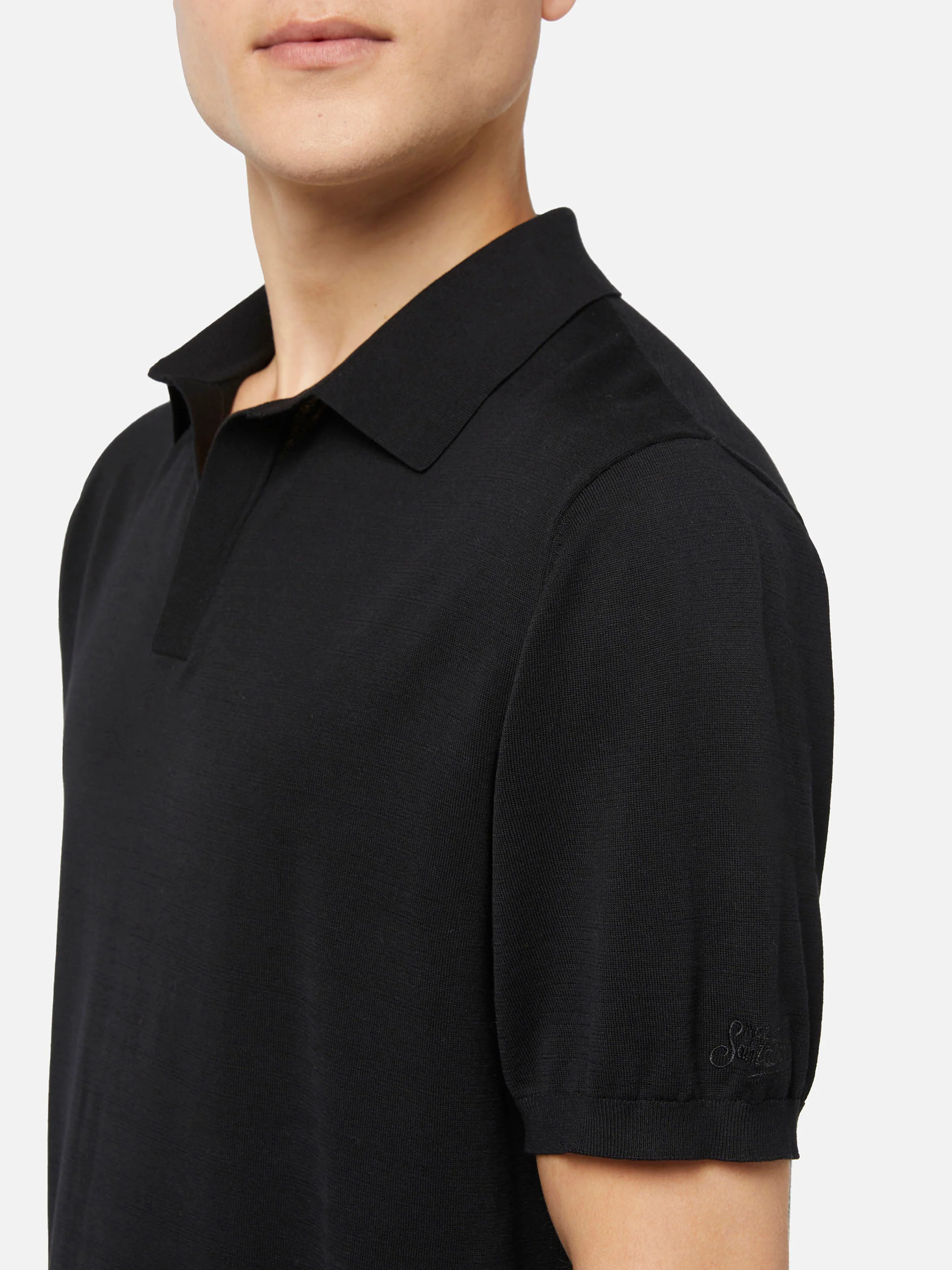 Sloan black silk cotton knitted polo shirt - Image 4