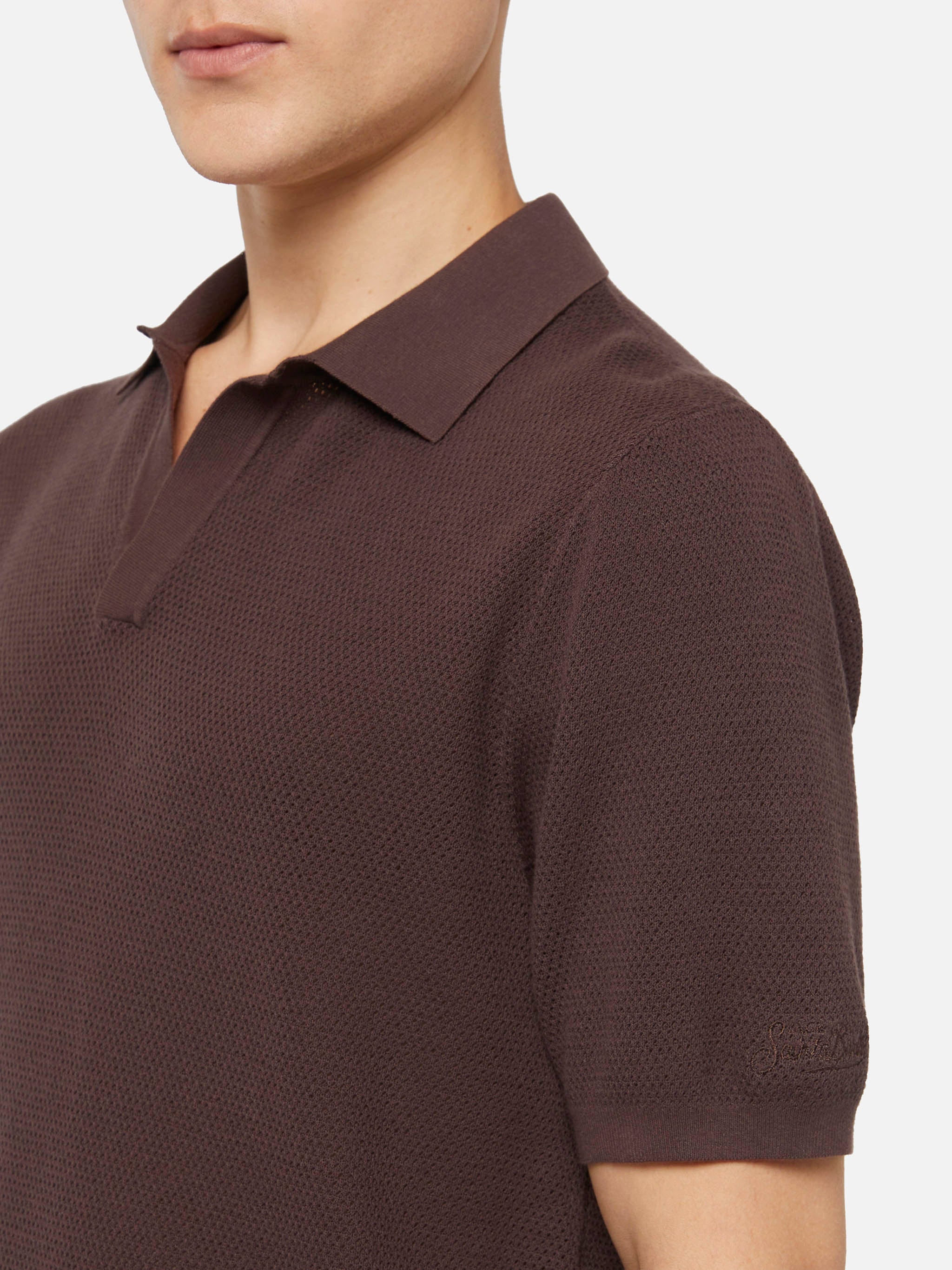Sloan brown buttonless mesh knitted polo shirt - Image 2