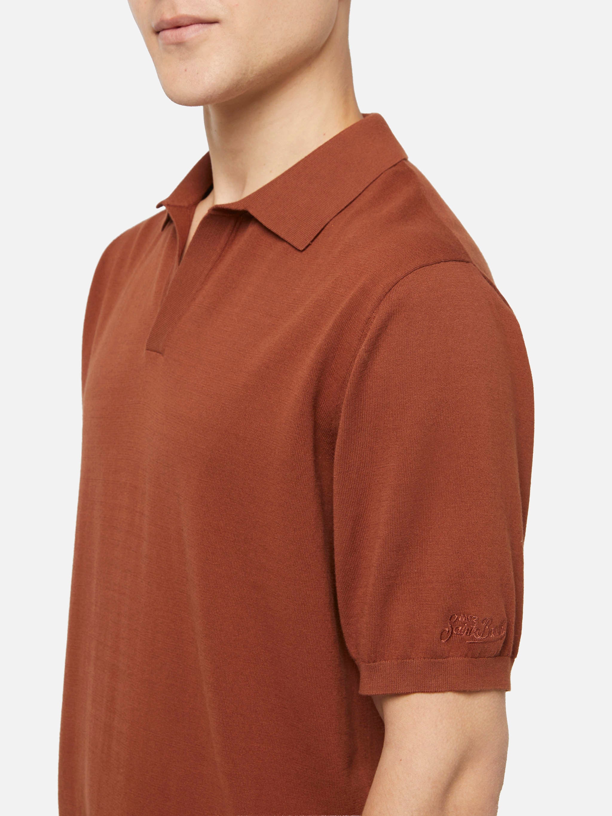 Sloan camel brown buttonless knitted polo shirt - Image 3