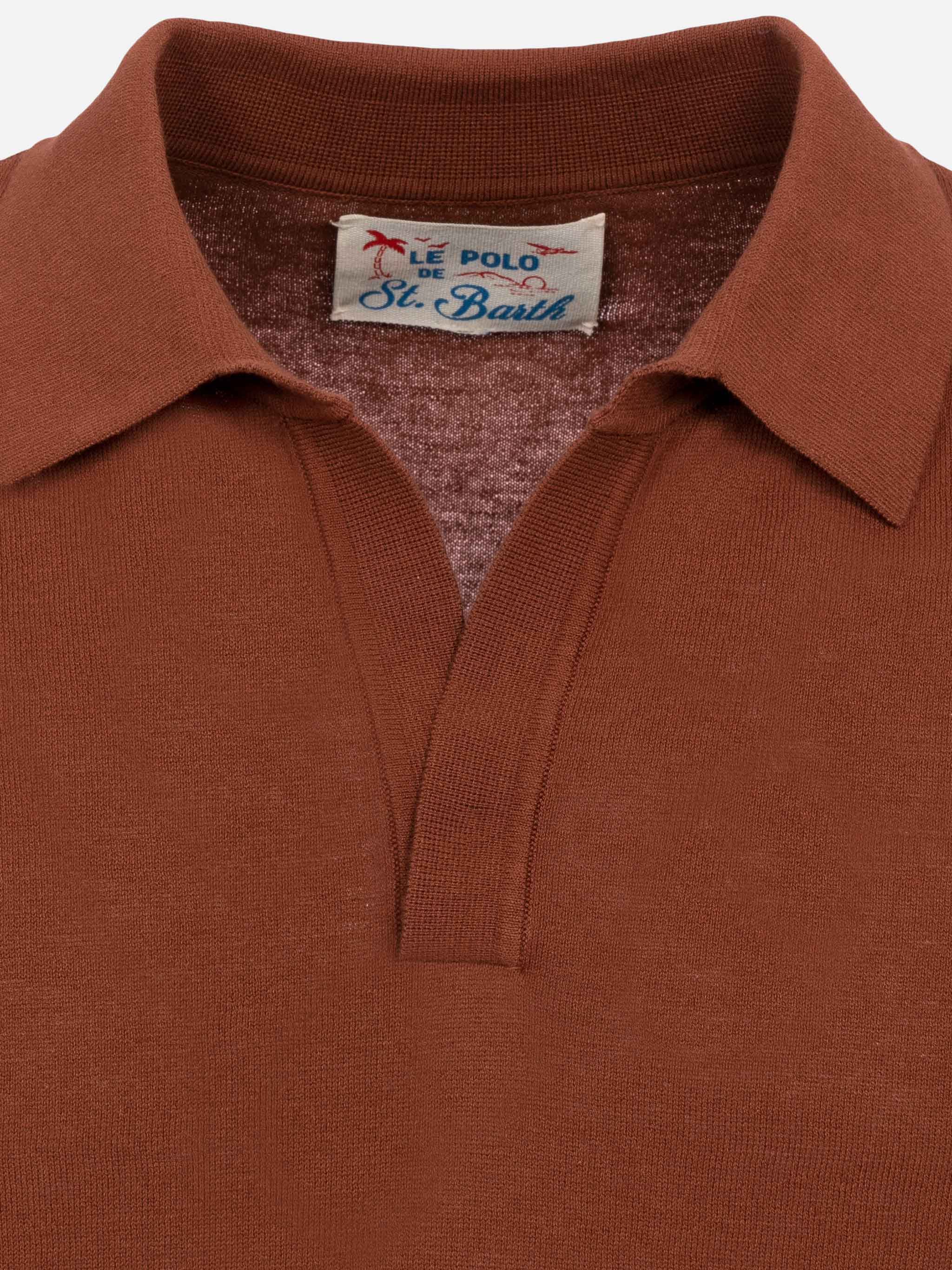 Sloan camel brown buttonless knitted polo shirt - Image 6