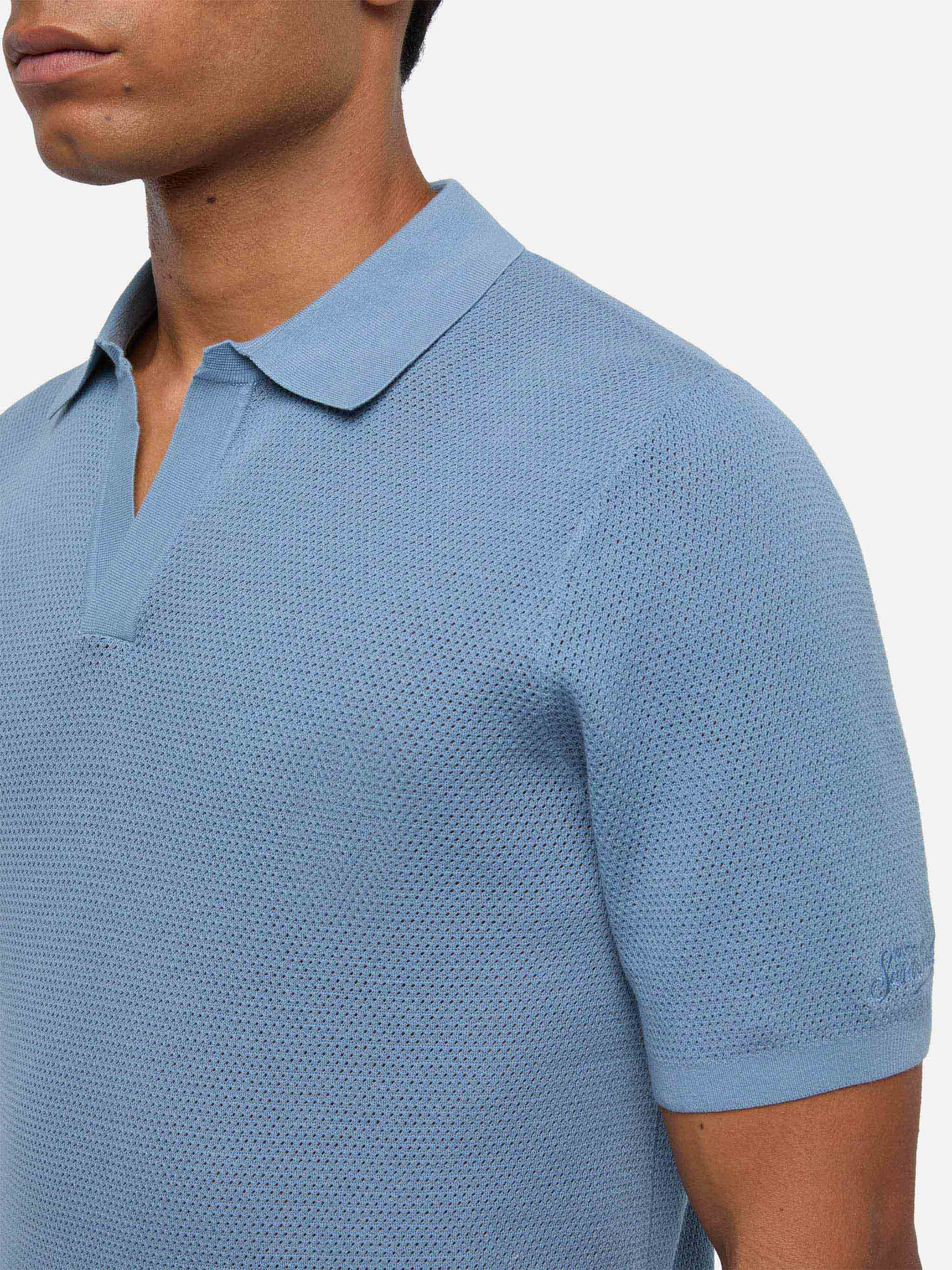 Sloan dusty blue mesh buttonless knitted polo shirt - Image 2
