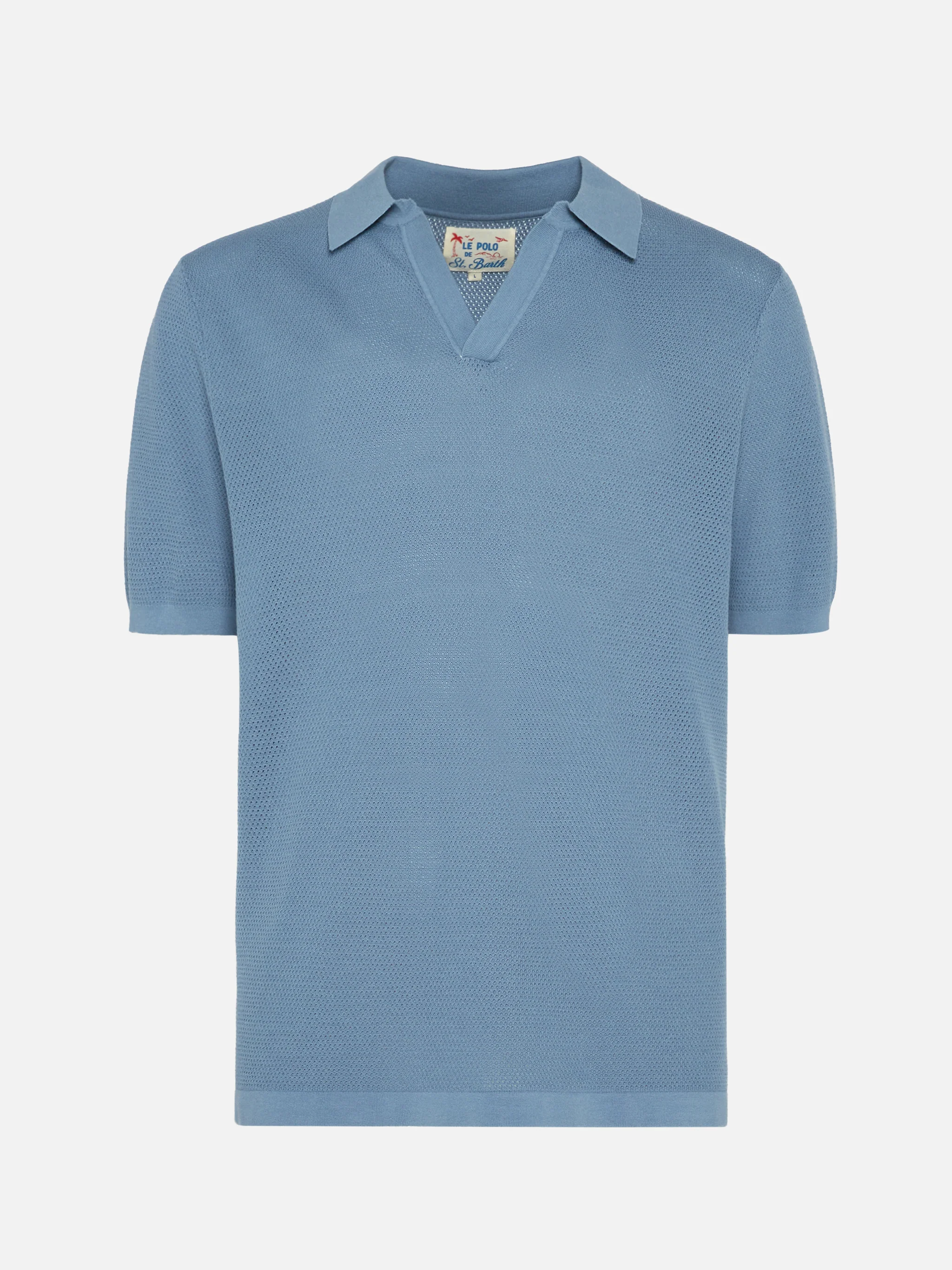 Sloan dusty blue mesh buttonless knitted polo shirt - Image 4