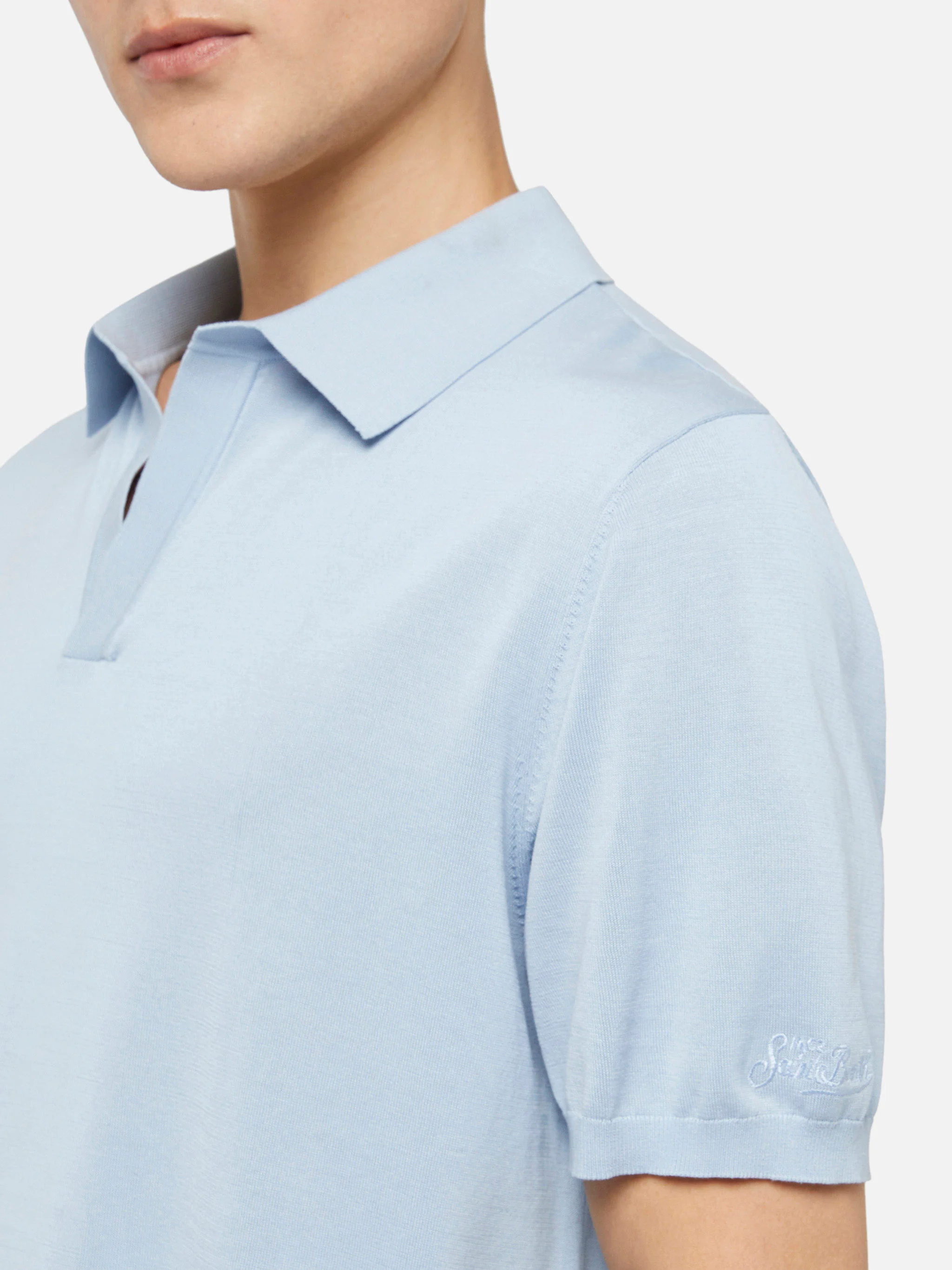 Sloan light blue silk cotton knitted polo shirt - Image 4