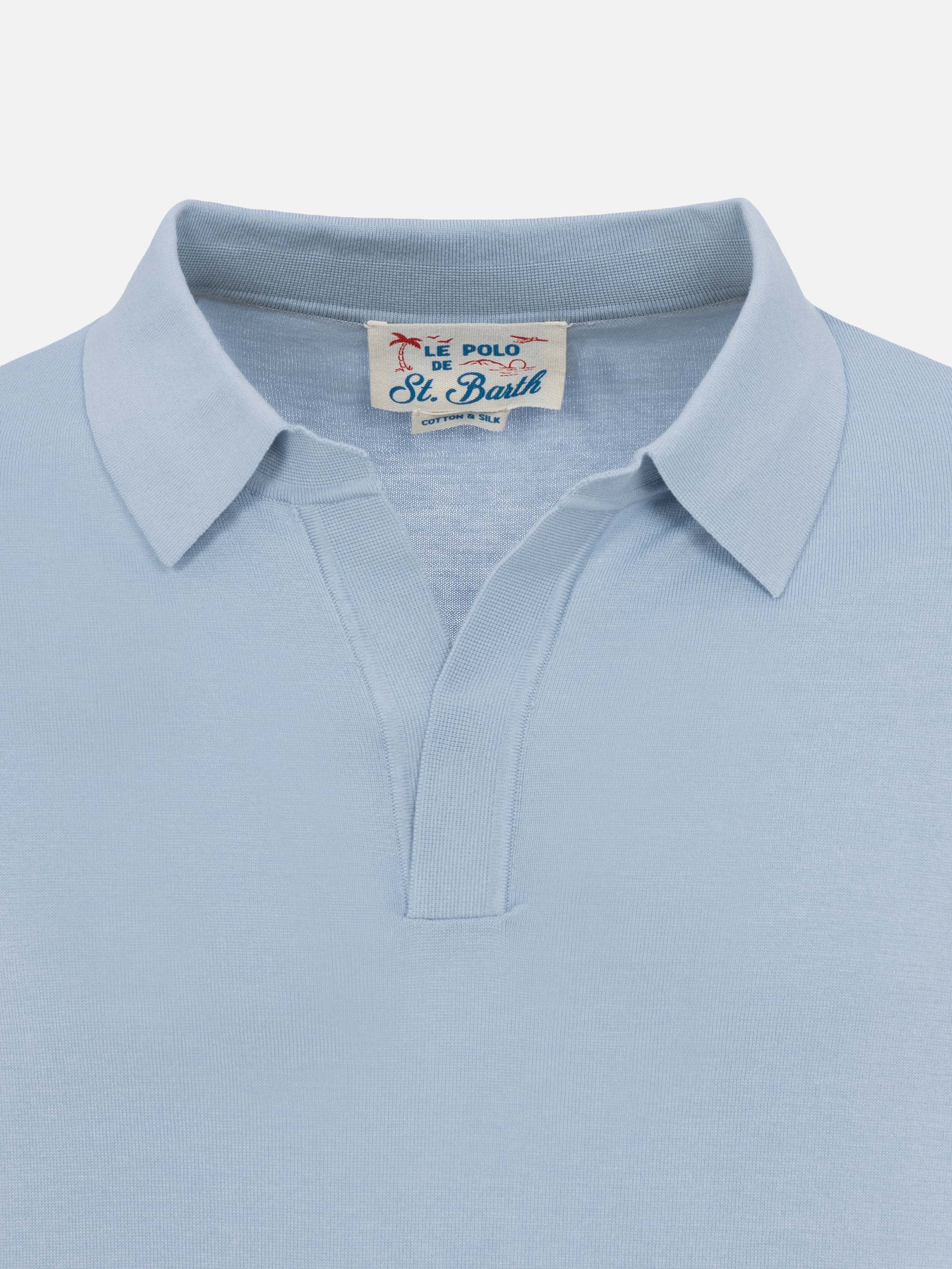 Sloan light blue silk cotton knitted polo shirt - Image 7