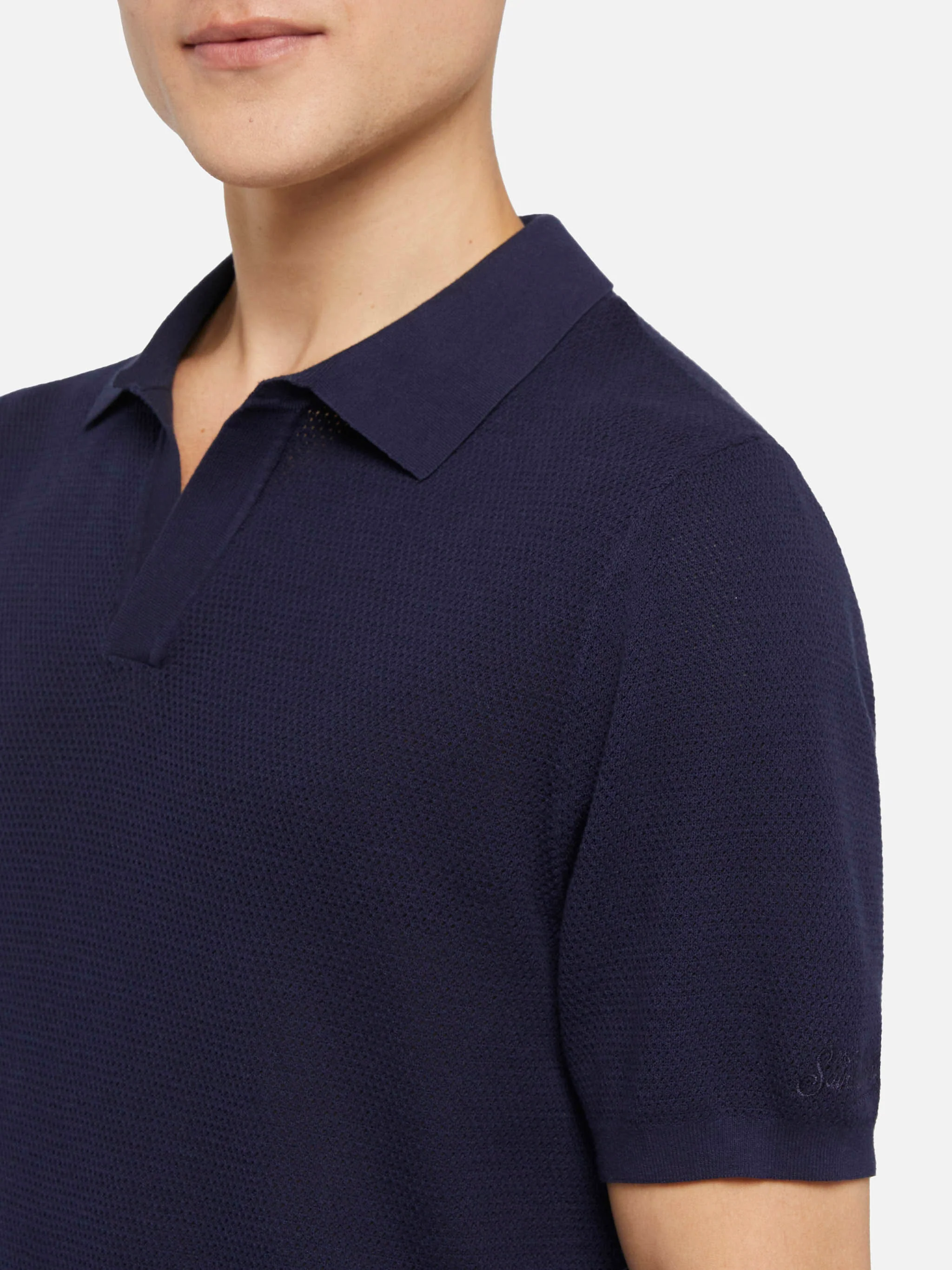 Sloan navy blue mesh buttonless knitted polo shirt - Image 2