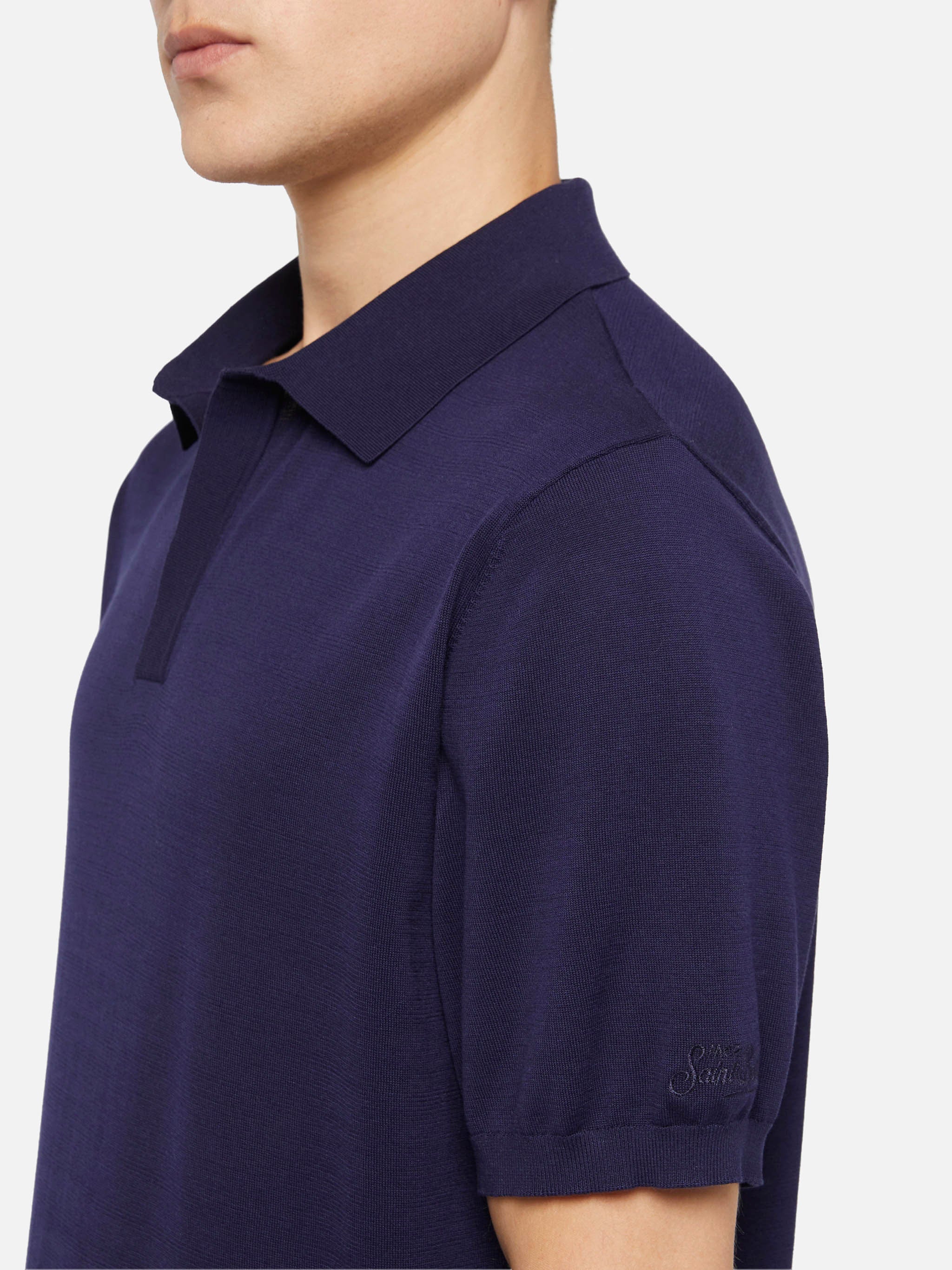 Sloan navy blue silk cotton knitted polo shirt - Image 2