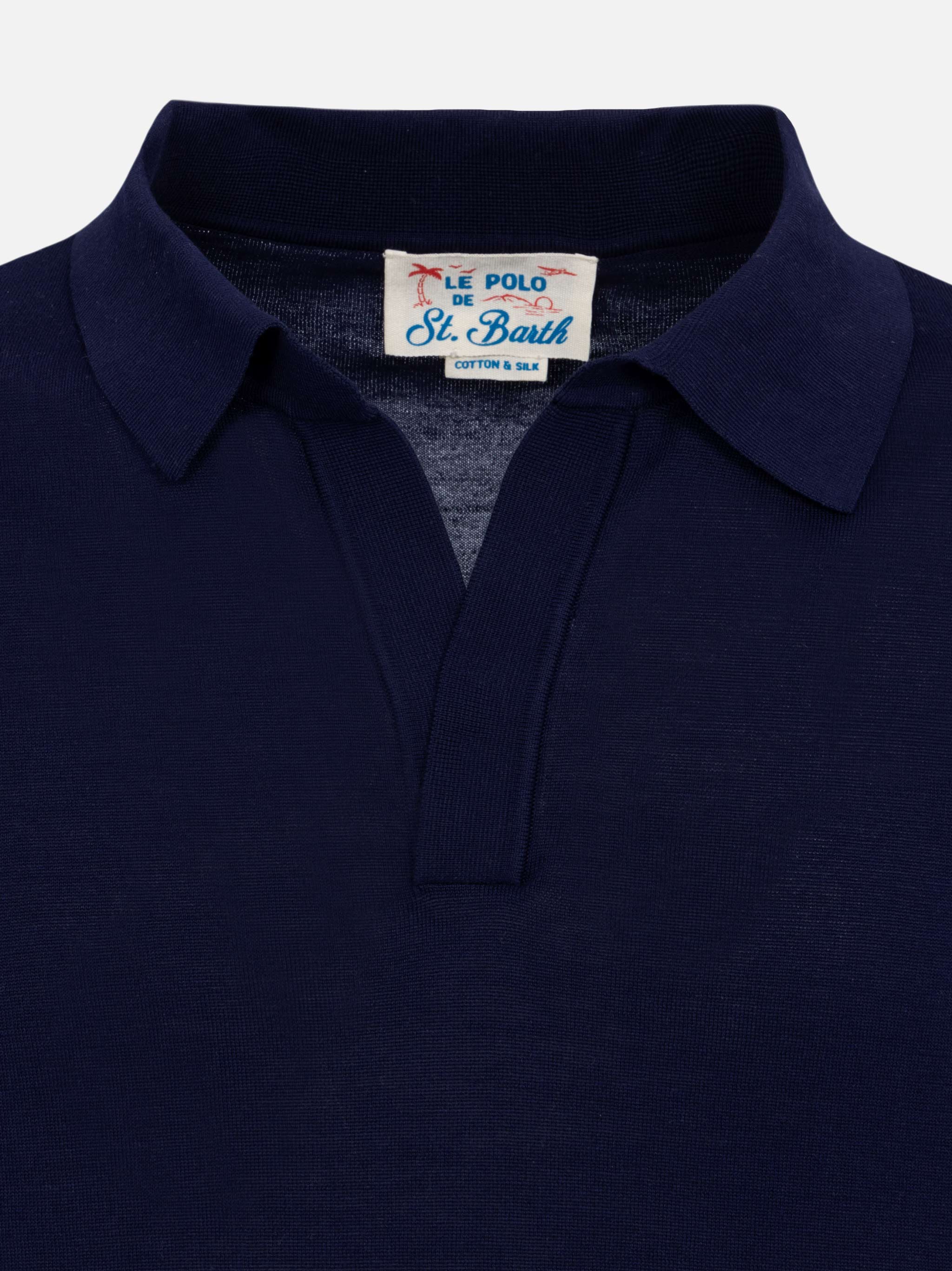 Sloan navy blue silk cotton knitted polo shirt - Image 6