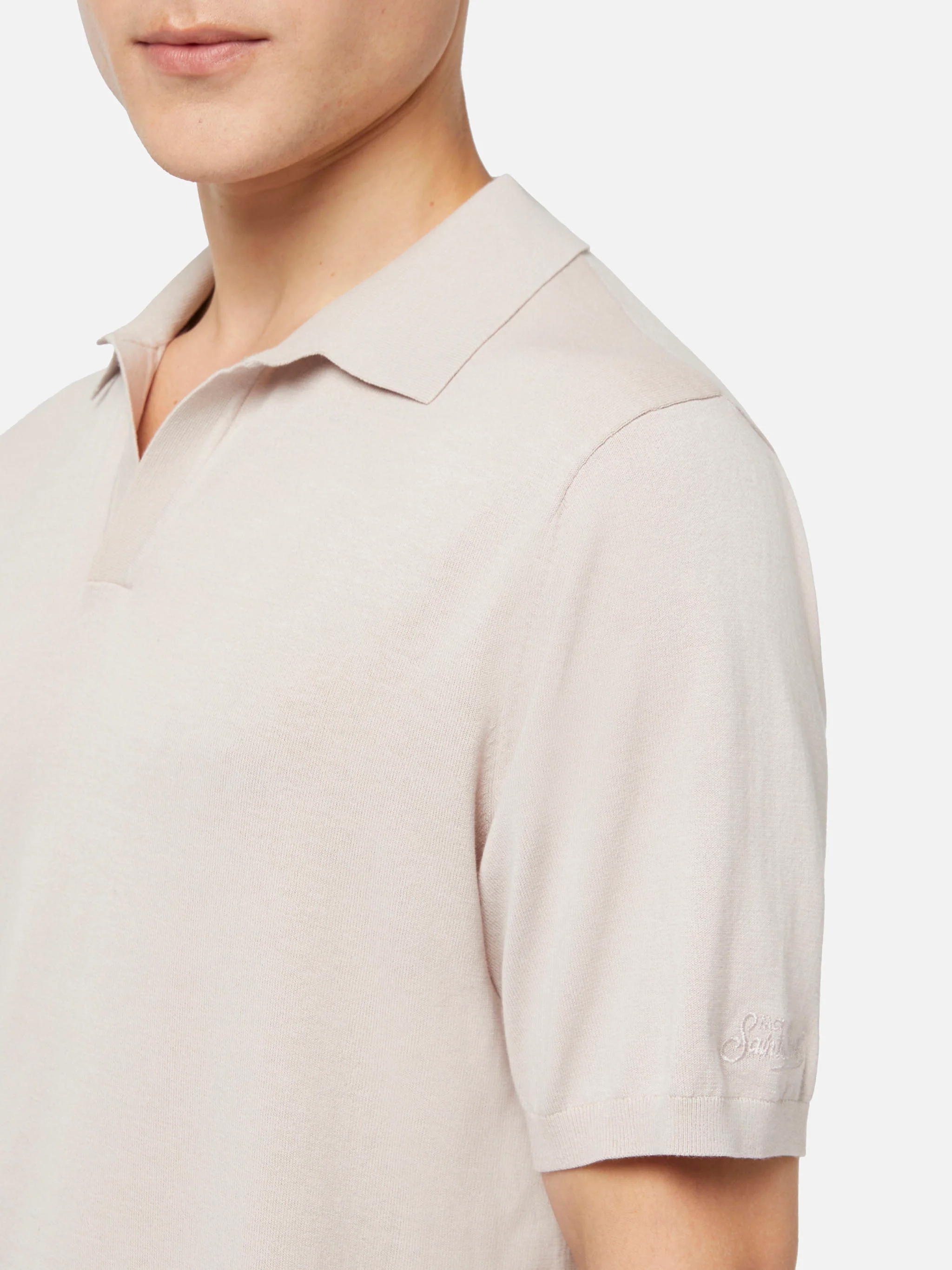 Sloan stone grey buttonless knitted polo shirt - Image 2